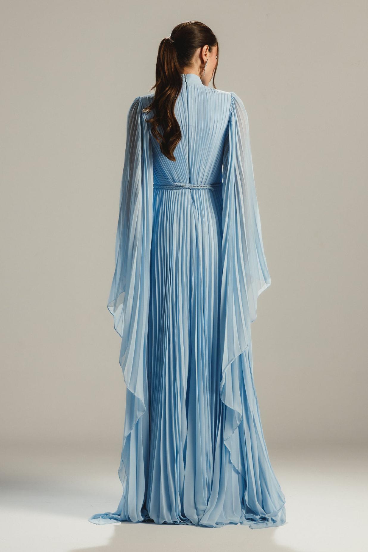 Pleated High Neck Bell Sleeve Maxi Dress