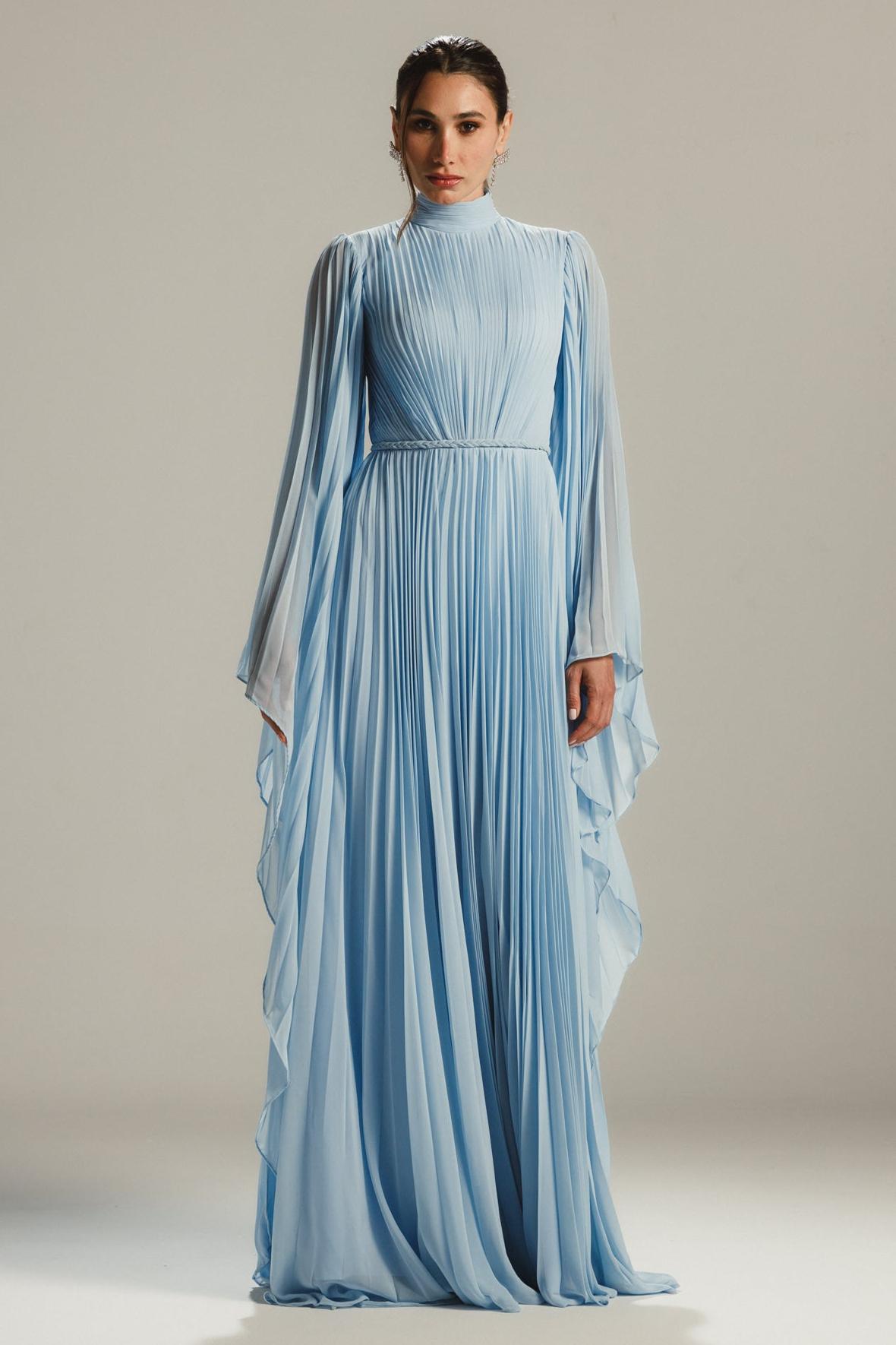 Pleated High Neck Bell Sleeve Maxi Dress