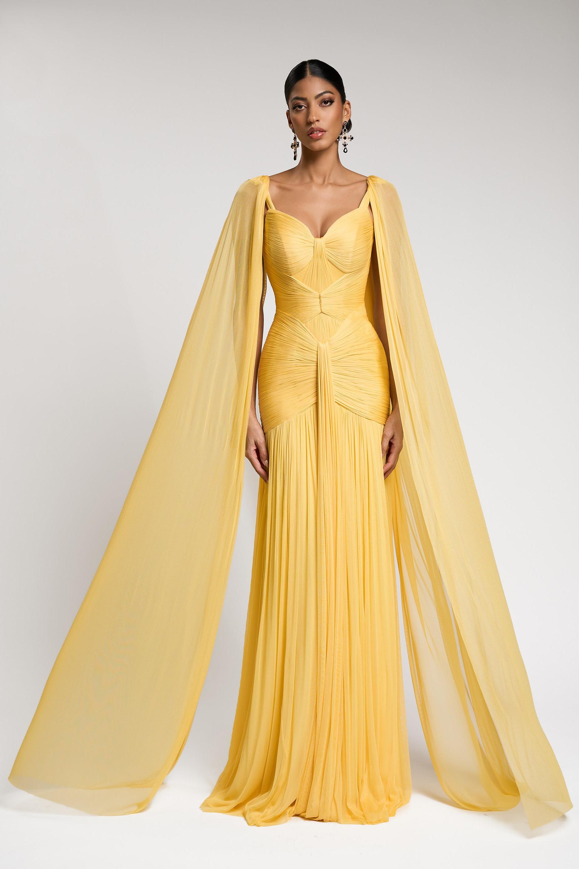 Chiffon Gathering Maxi Dress With Cape Sleeve