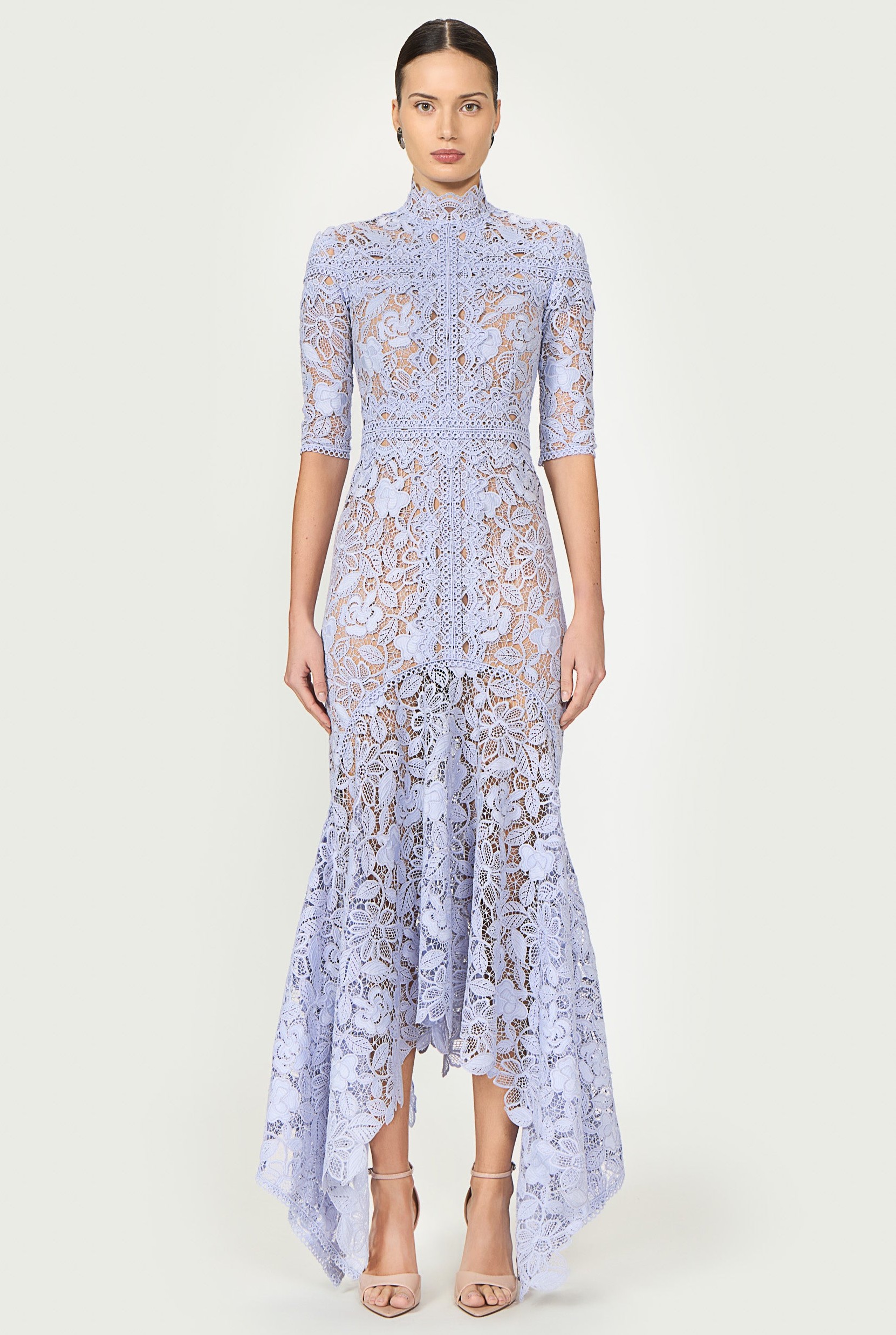 Lace Stand Collar Mid Sleeve Midi Dress