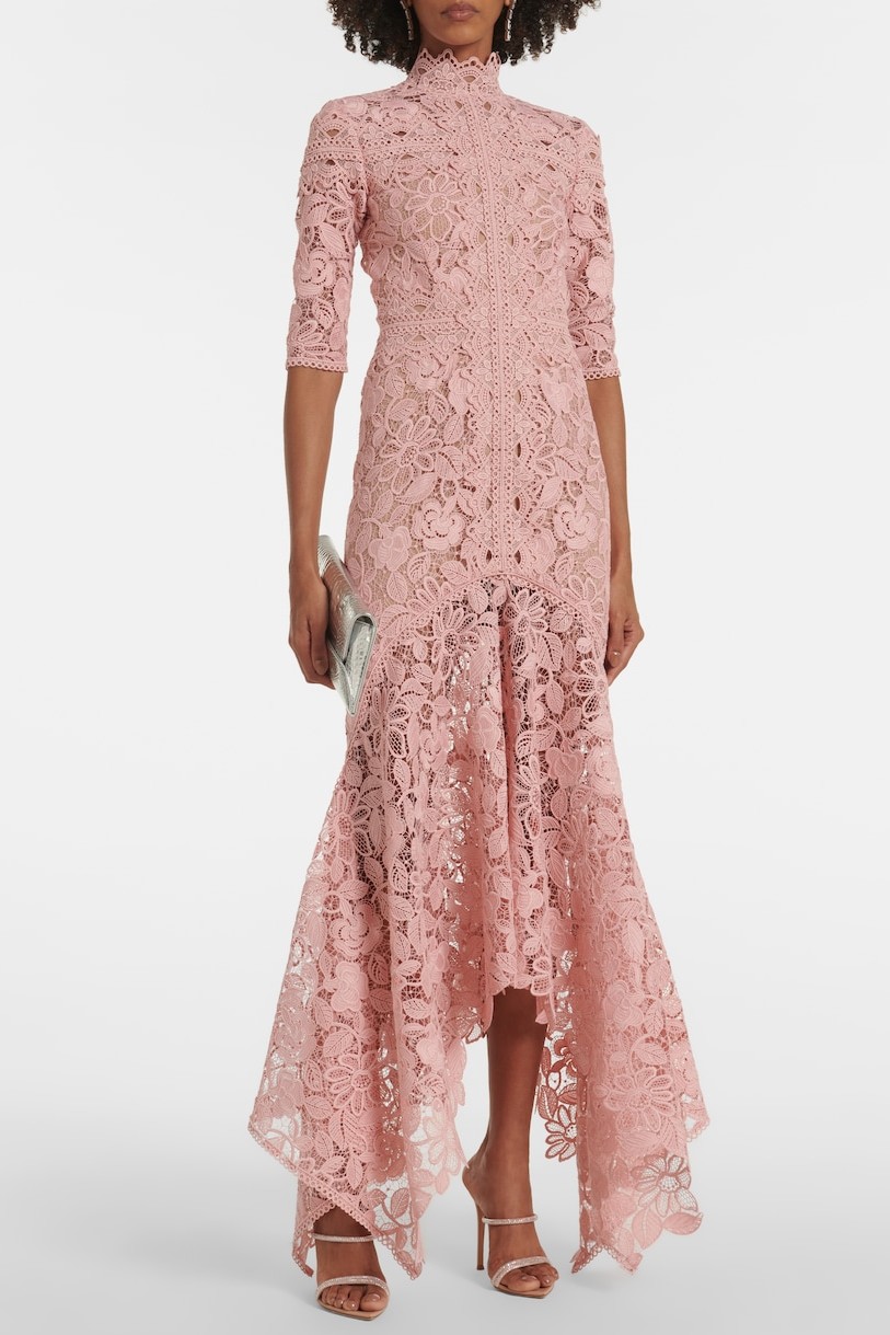 Lace Stand Collar Mid Sleeve Midi Dress