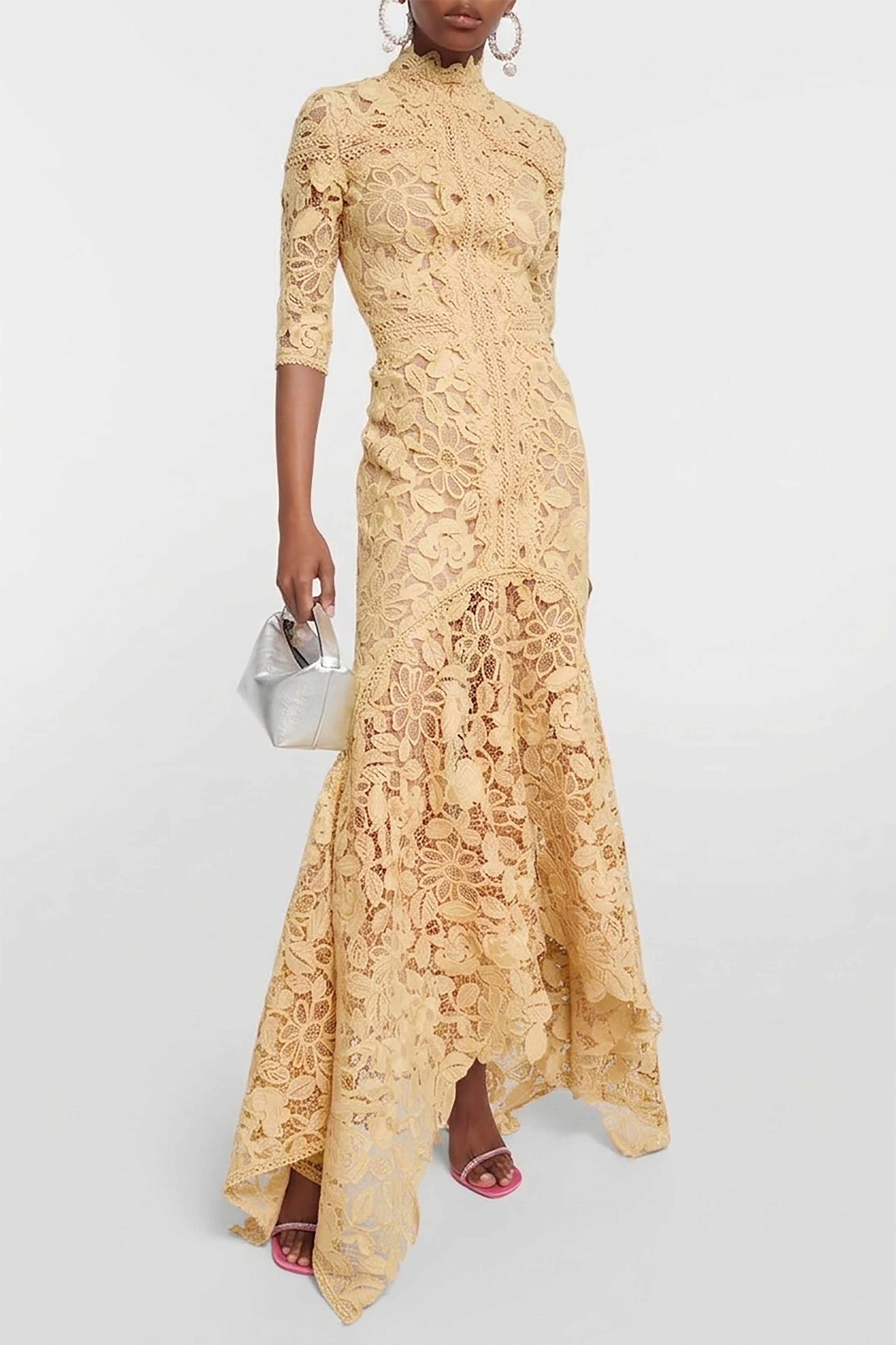 Lace Stand Collar Mid Sleeve Midi Dress