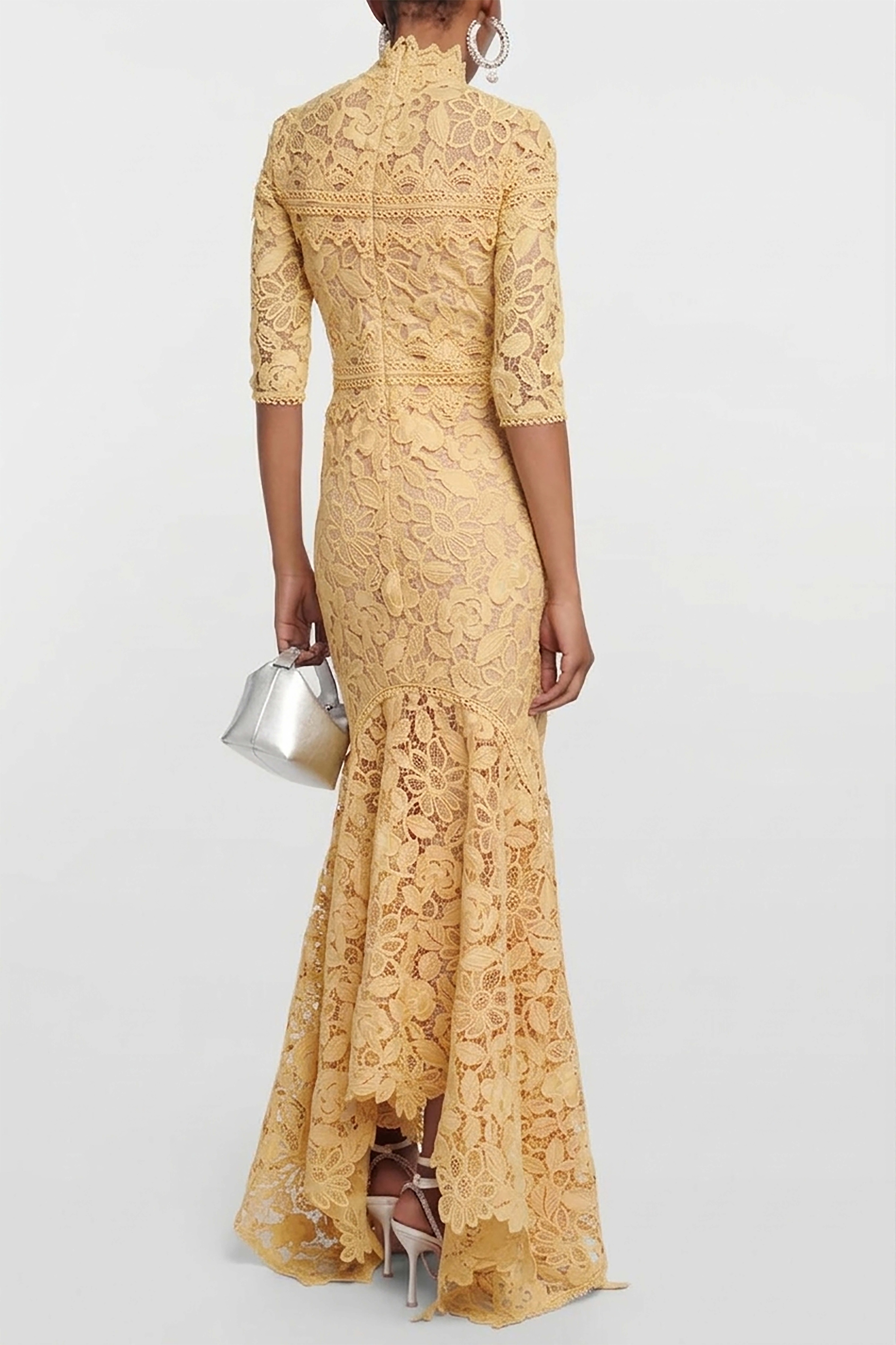 Lace Stand Collar Mid Sleeve Midi Dress