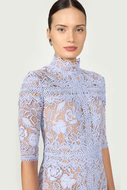 Lace Stand Collar Mid Sleeve Midi Dress