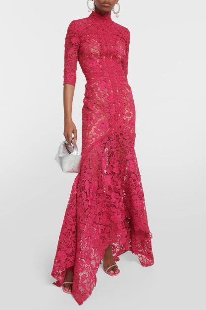 Lace Stand Collar Three-Quarter Sleeve Midi Dress