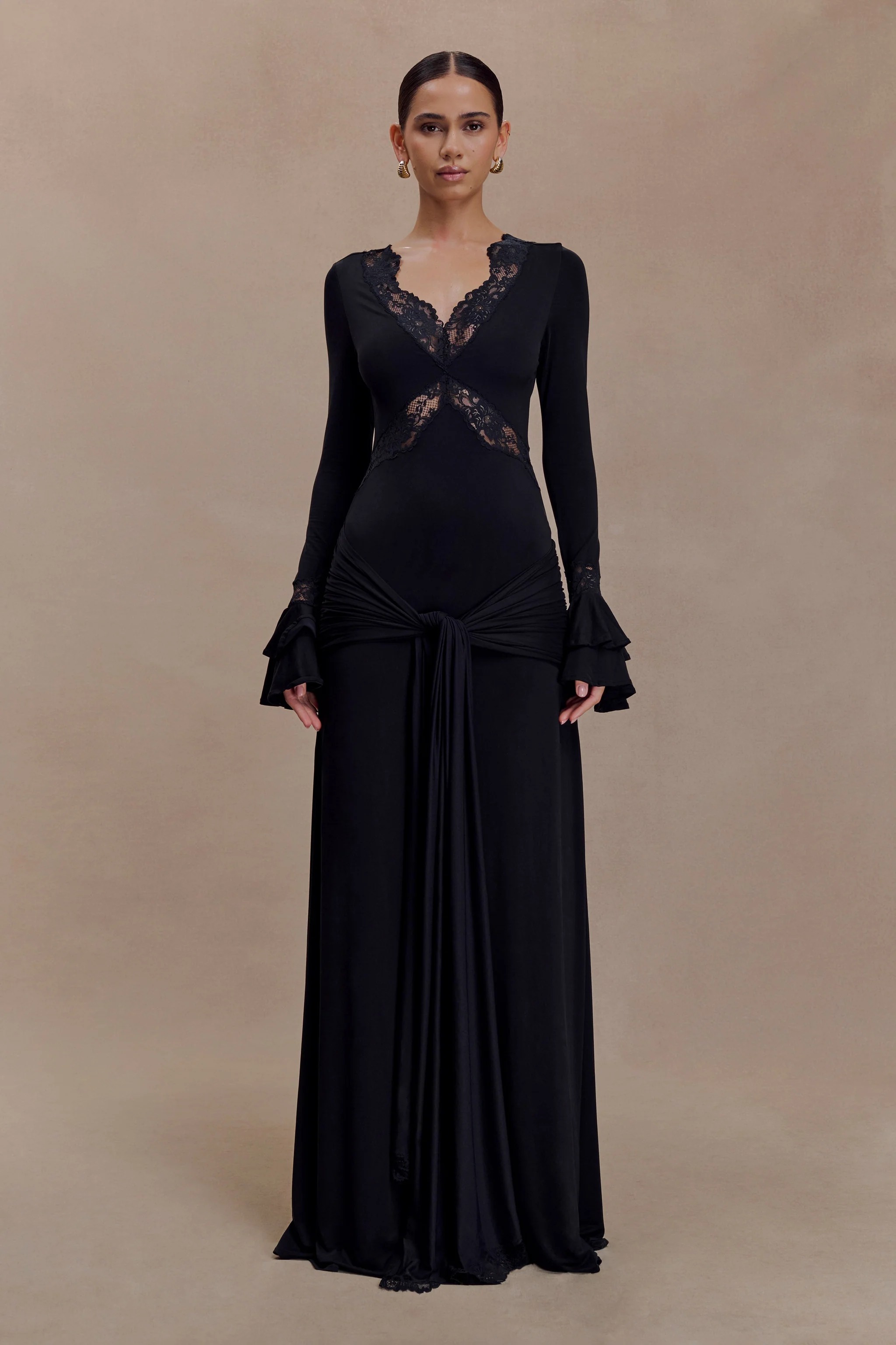 Lace Splicing Jersey Frill Maxi Dress