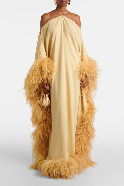 Feather Halter Neck Tie-Up Maxi Dress