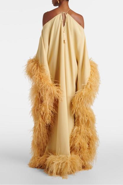 Feather Halter Neck Tie-Up Maxi Dress