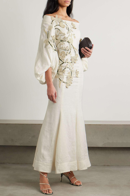 Floral Appliquéd Puff Sleeve Maxi Dress