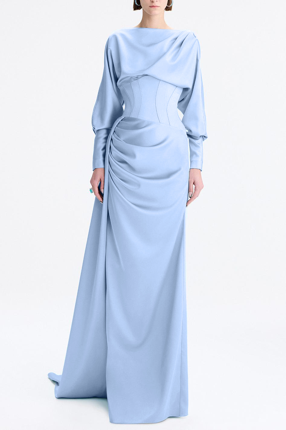 Satin Gathering Boat Neck Maxi Dress