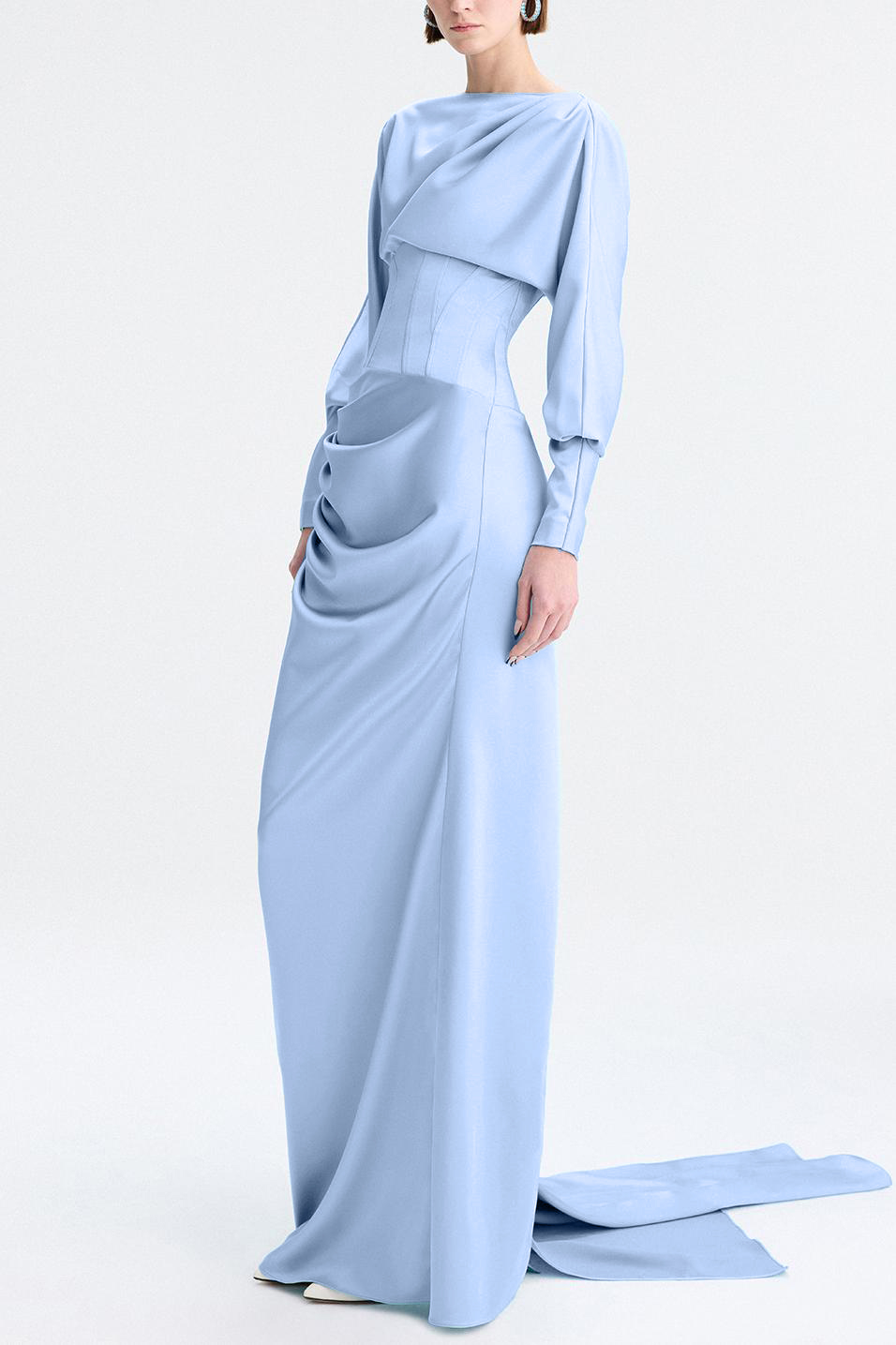 Satin Gathering Boat Neck Maxi Dress