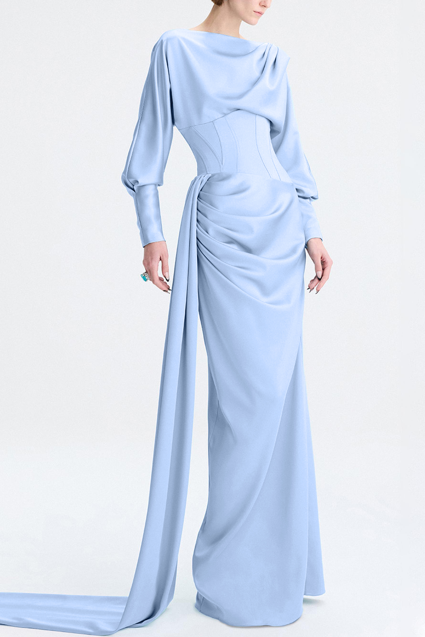 Satin Gathering Boat Neck Maxi Dress – JardinVue