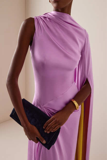 Contrast Color Gathering One Sleeve Maxi Dress