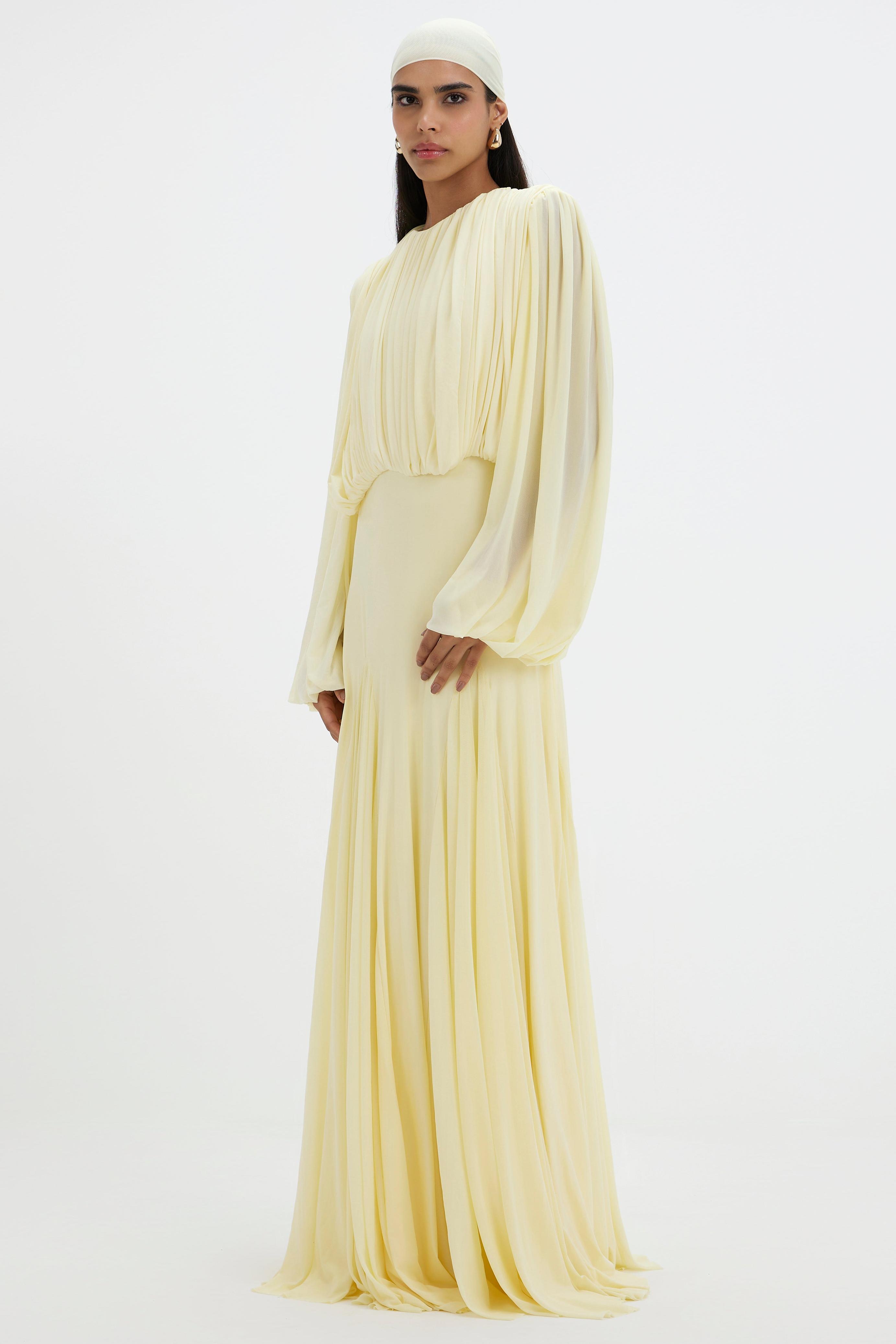 Gathering Round Neck Lantern Sleeve Maxi Dress