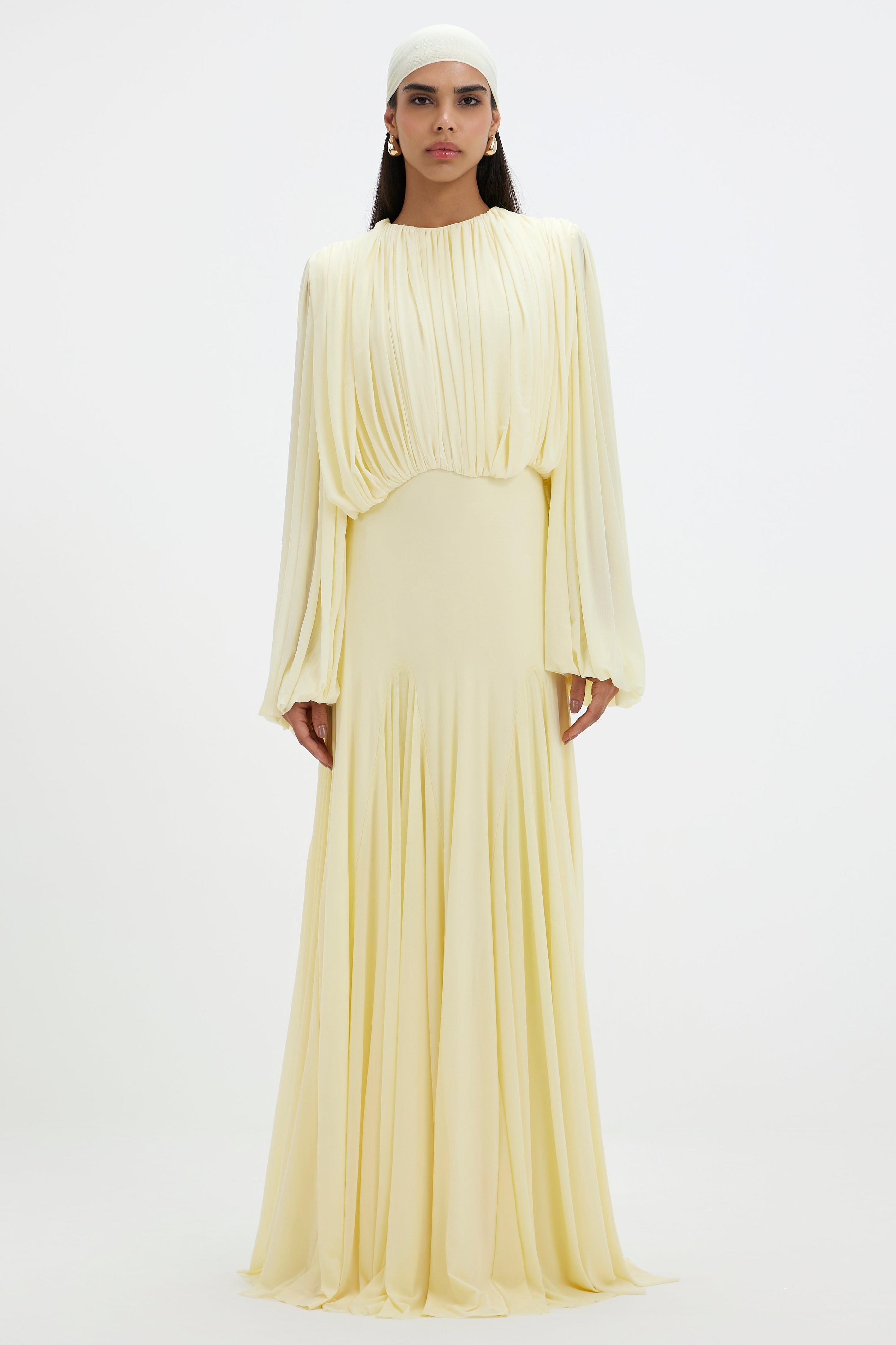 Gathering Round Neck Lantern Sleeve Maxi Dress