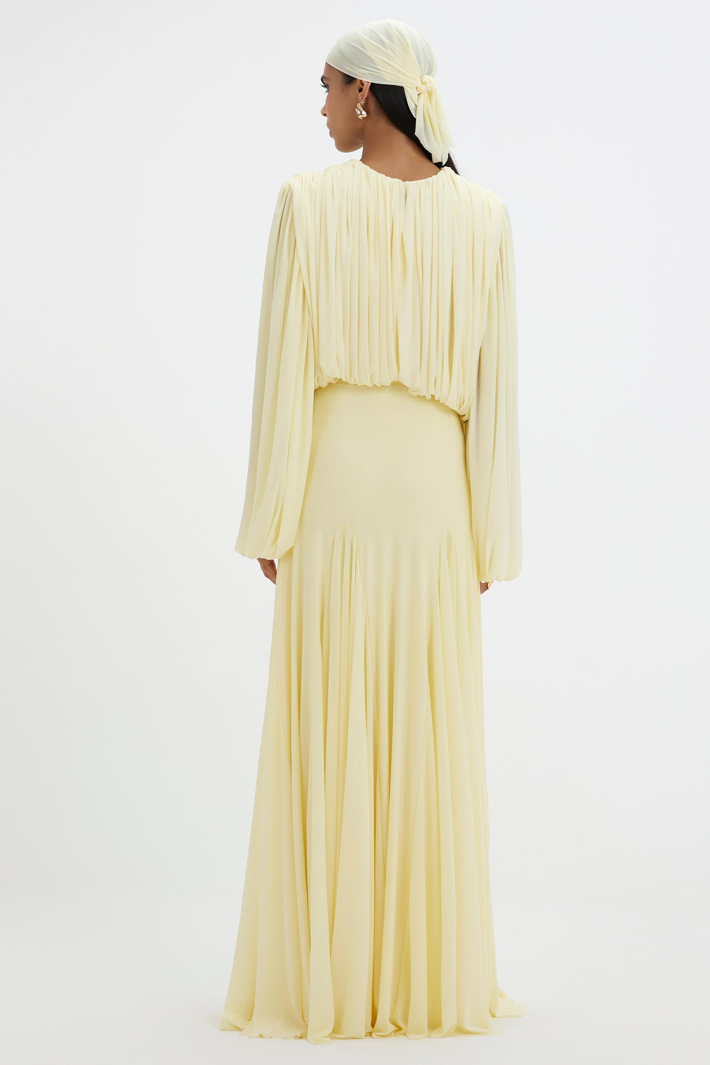 Gathering Round Neck Lantern Sleeve Maxi Dress