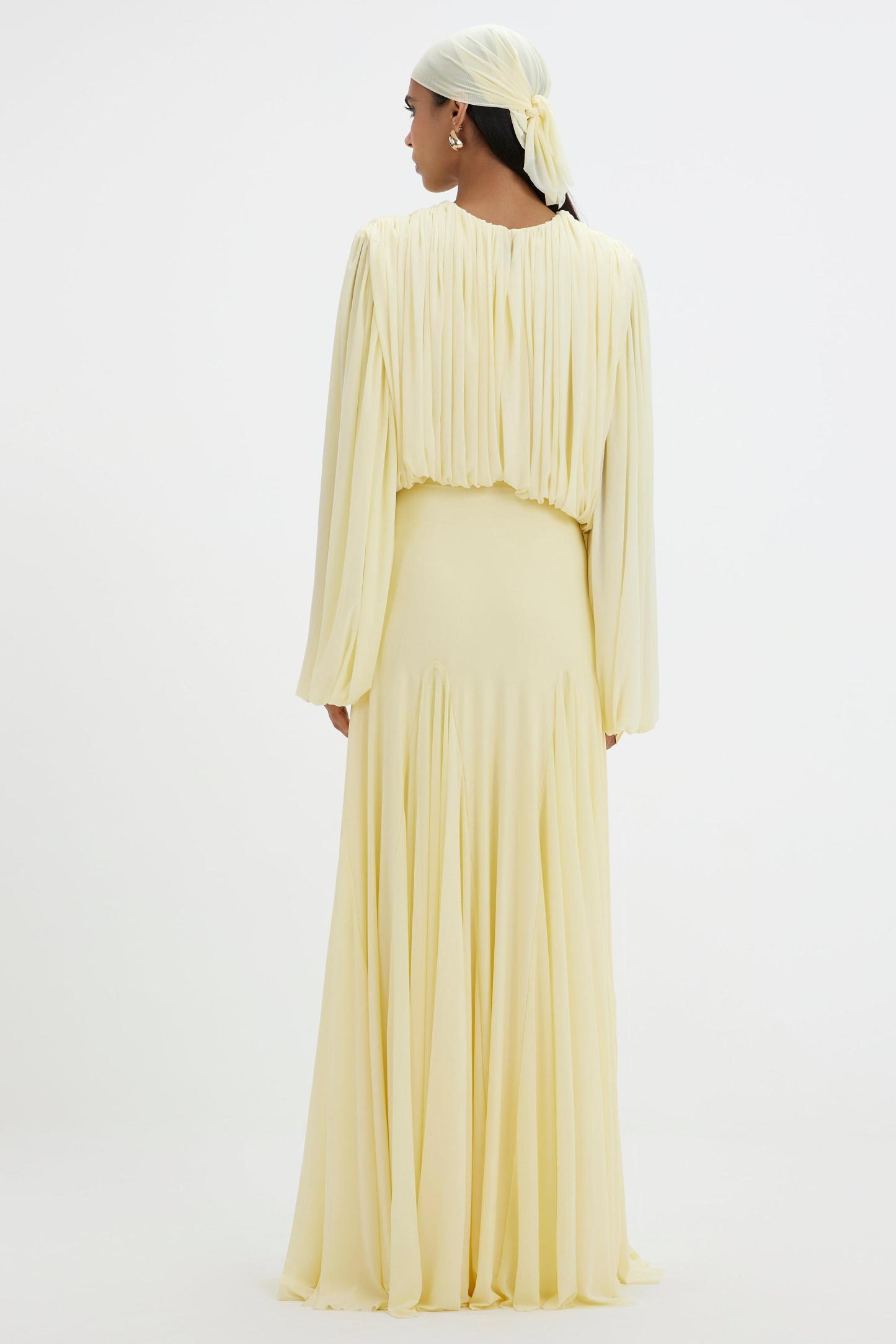 Gathering Round Neck Lantern Sleeve Maxi Dress