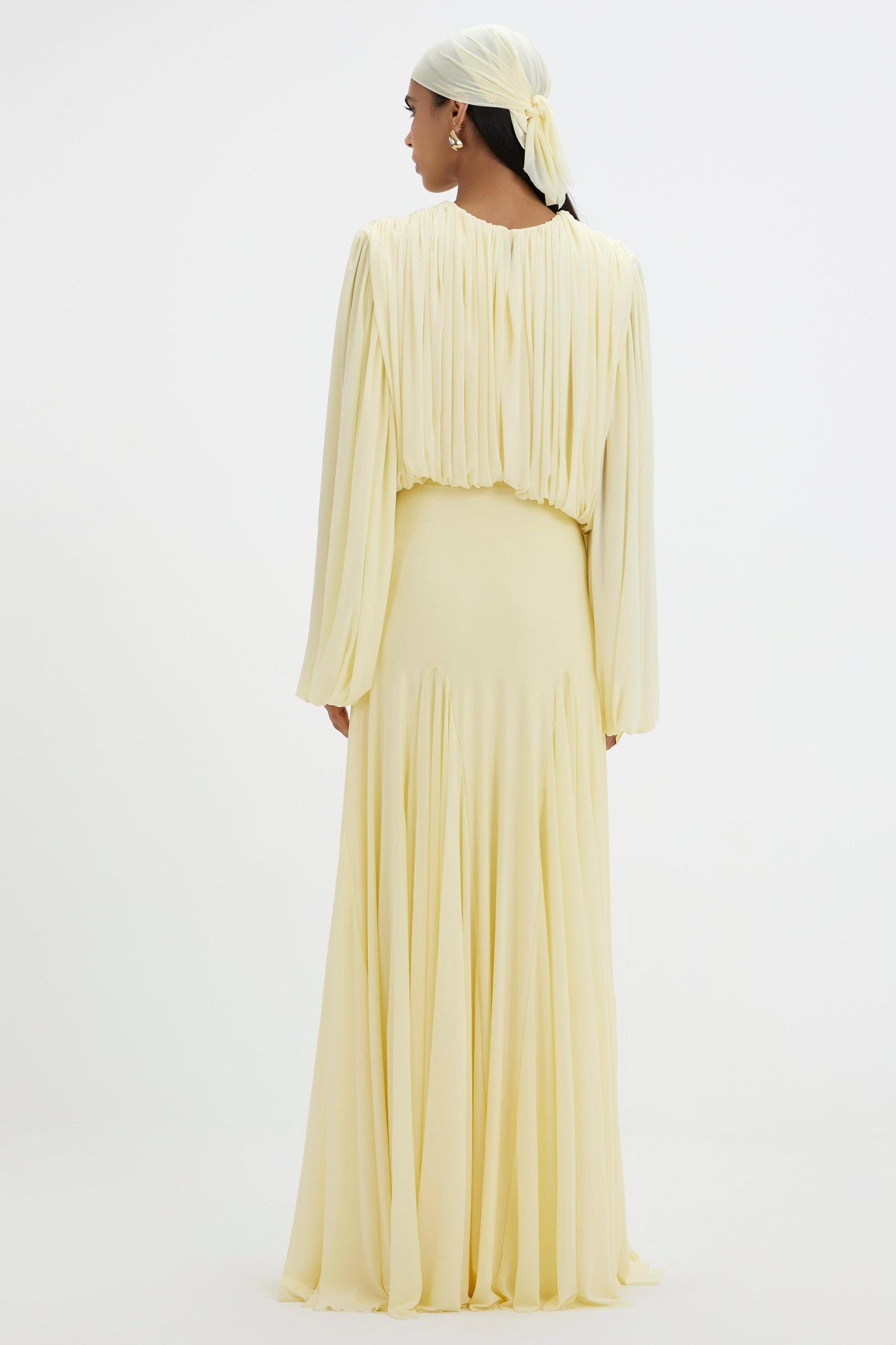 Gathering Round Neck Lantern Sleeve Maxi Dress