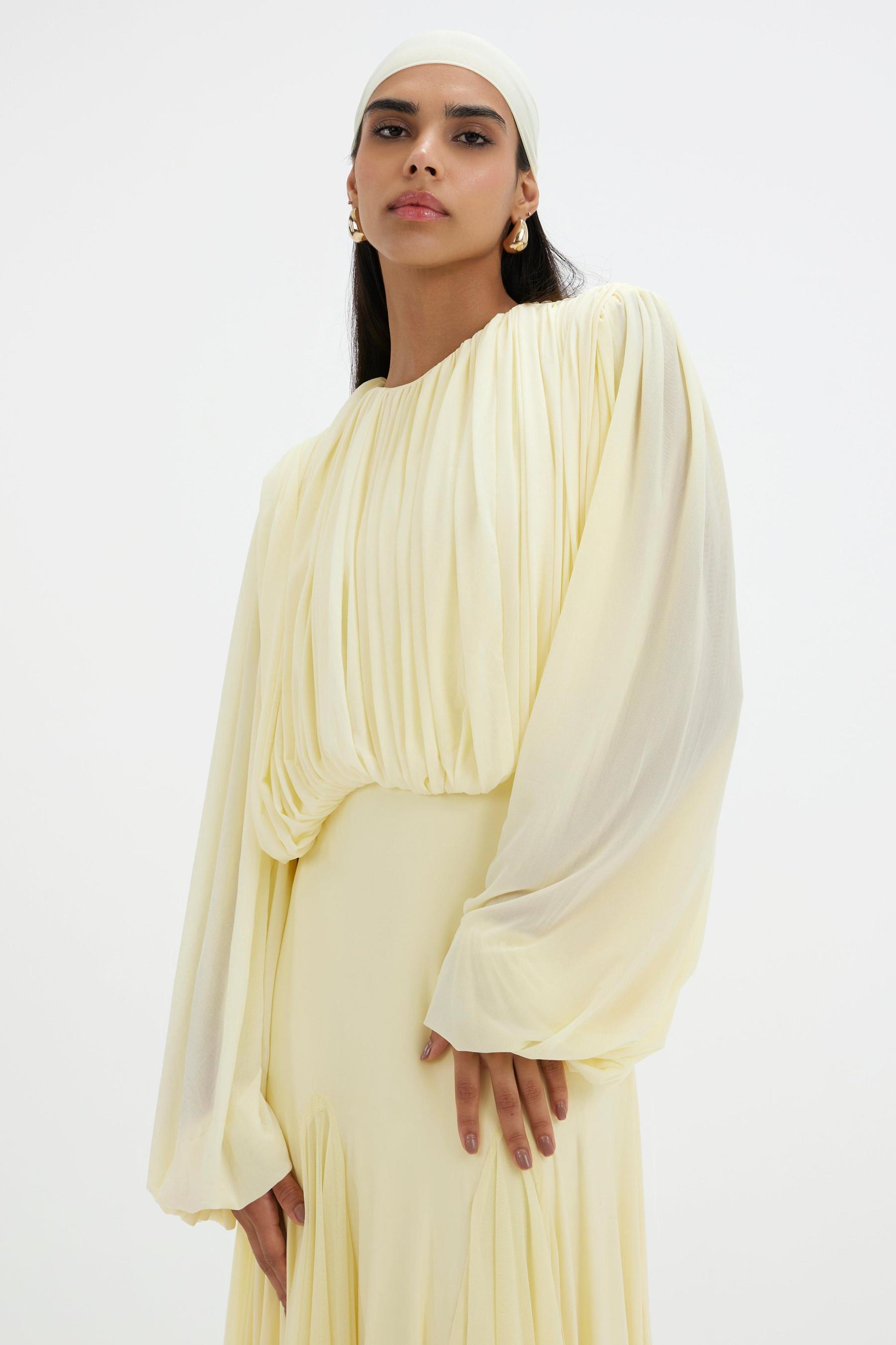 Gathering Round Neck Lantern Sleeve Maxi Dress