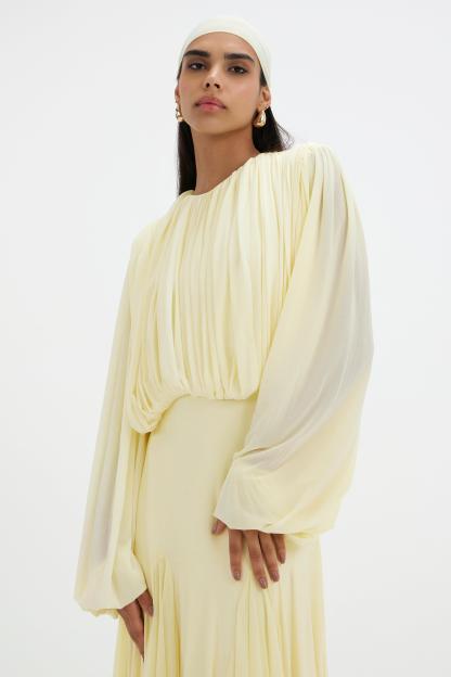 Gathering Round Neck Lantern Sleeve Maxi Dress