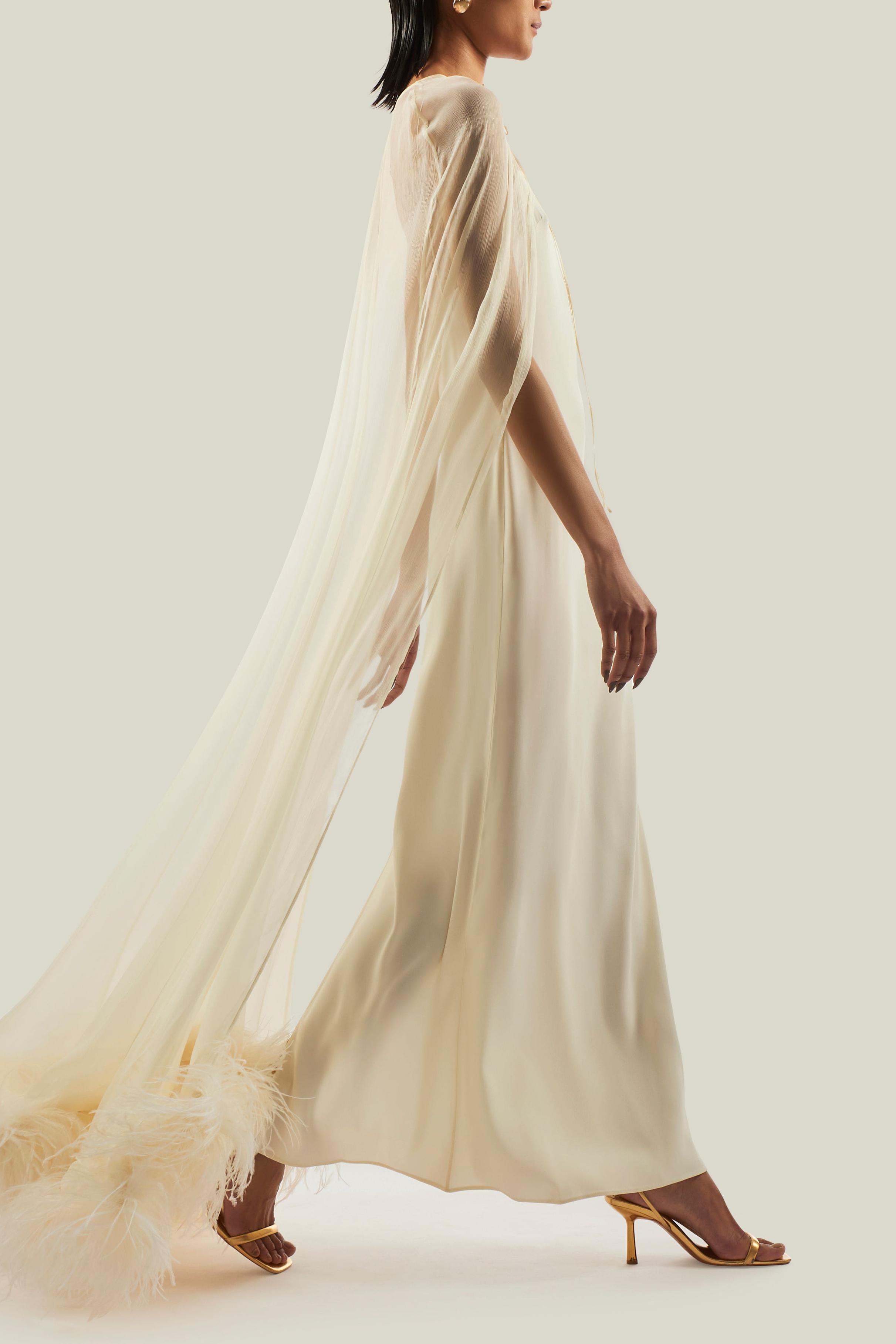 Slip Satin Maxi Dress With Ostrich Feather Cape