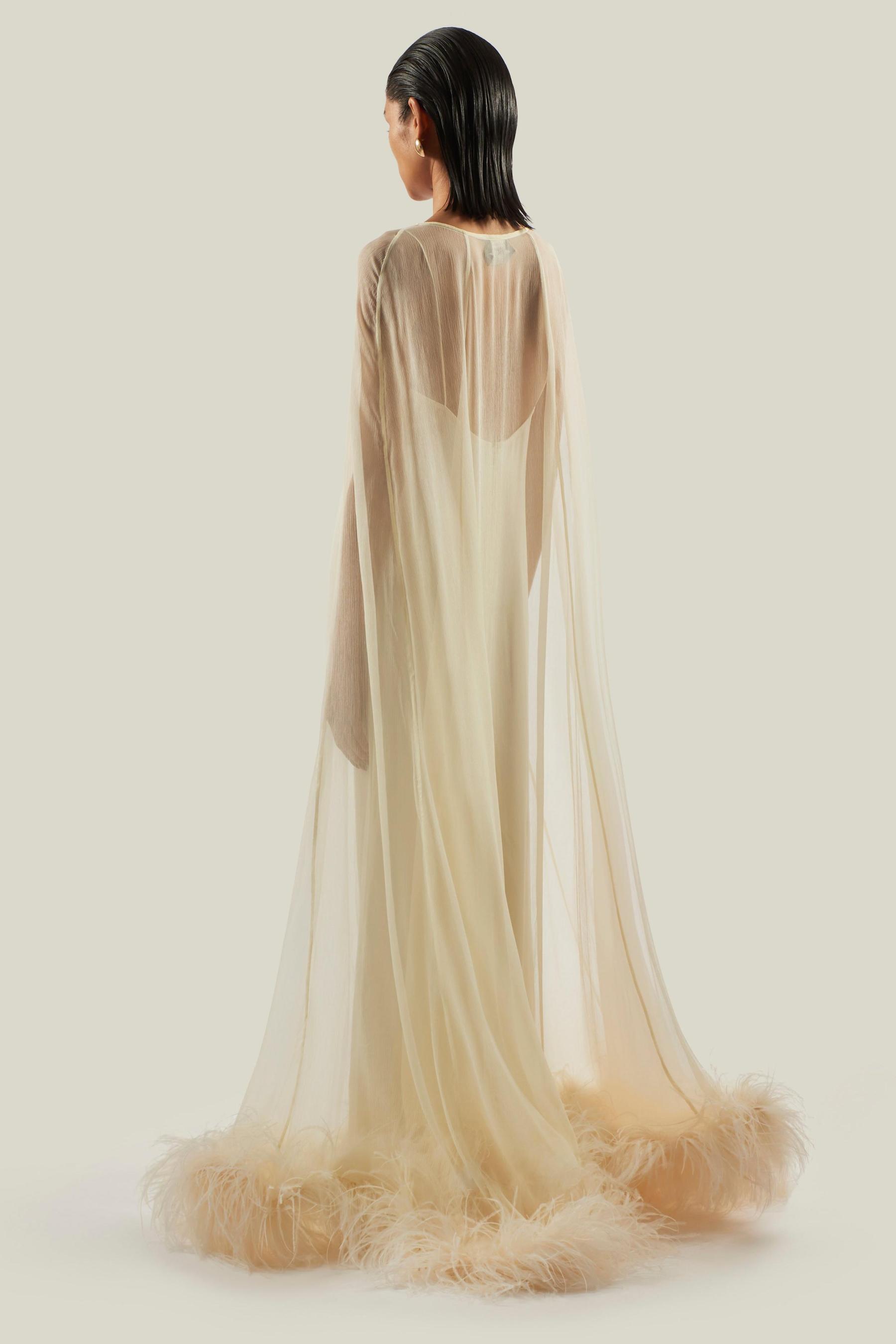 Slip Satin Maxi Dress With Ostrich Feather Cape