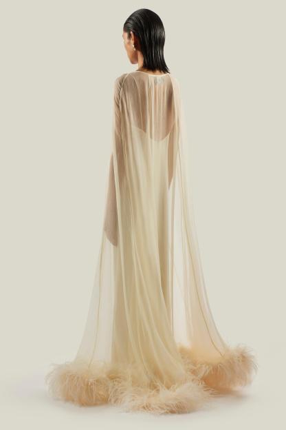 Slip Satin Maxi Dress With Ostrich Feather Cape