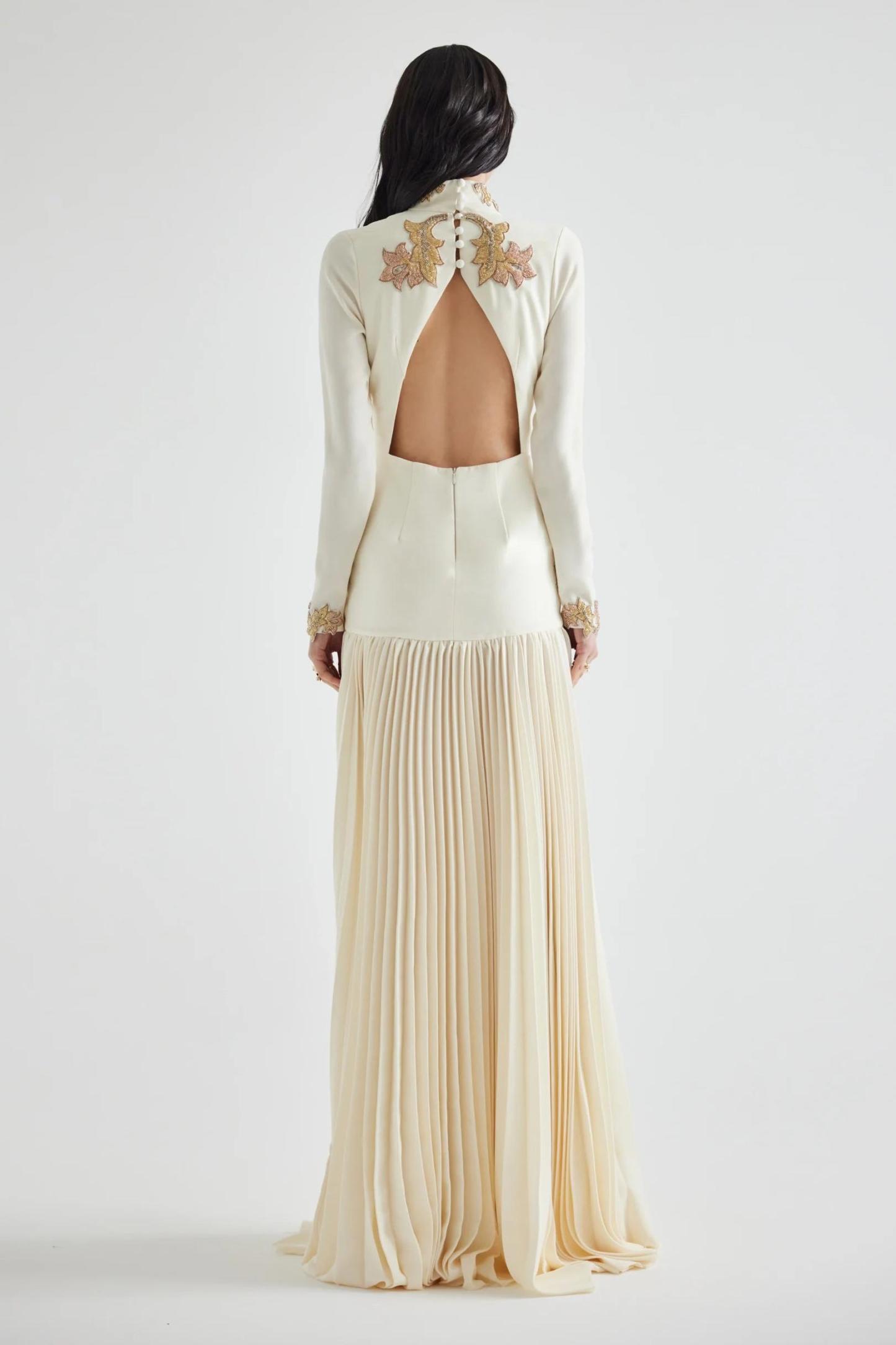 Appliquéd V-Neck Pleated Maxi Dress