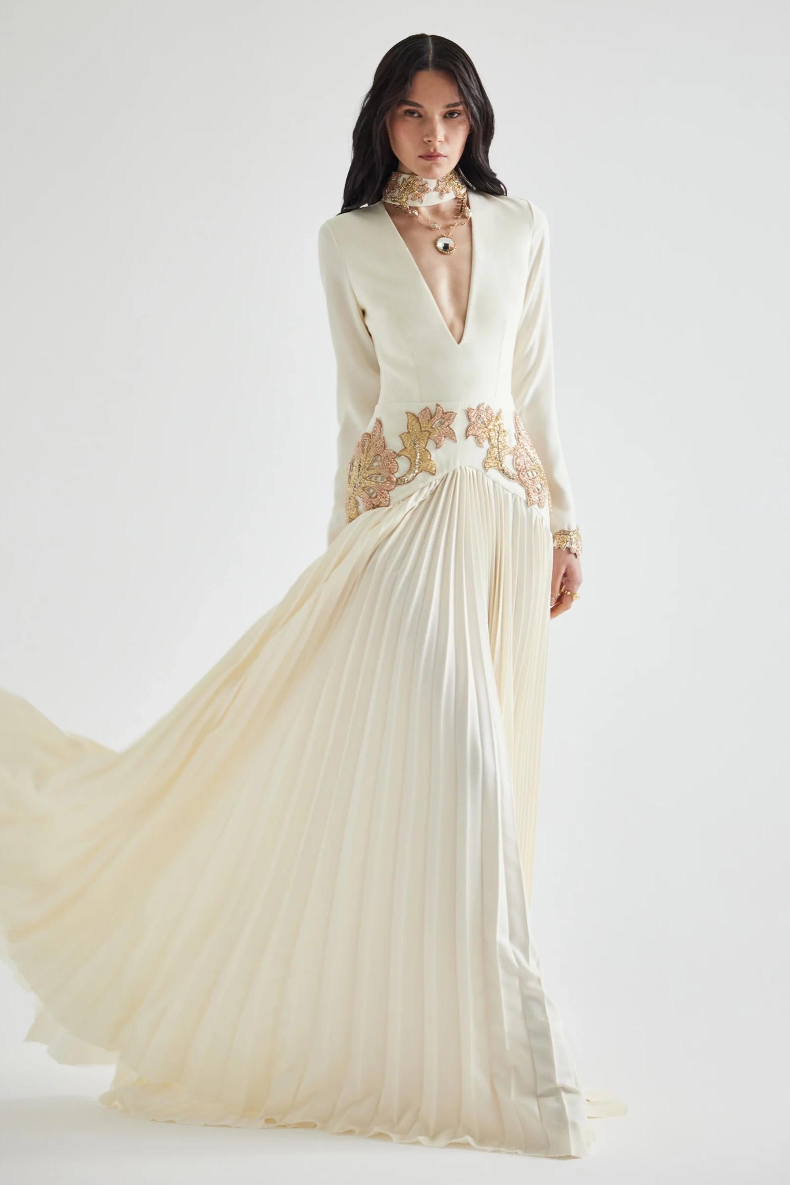 Appliquéd V-Neck Pleated Maxi Dress