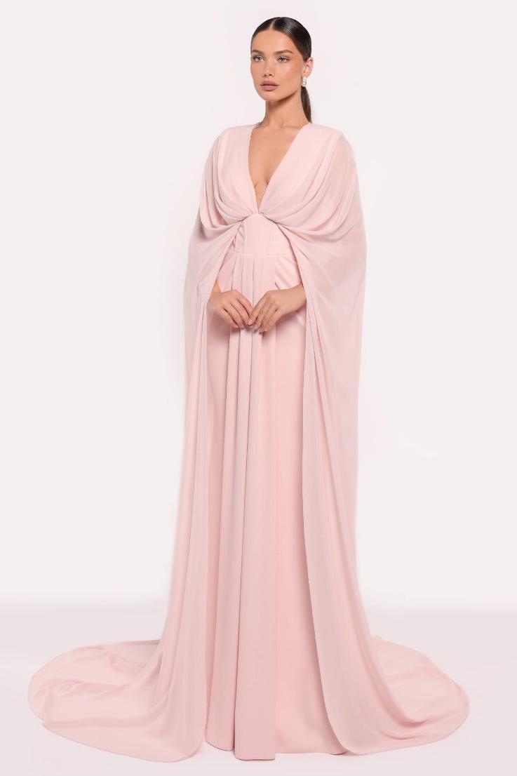Chiffon Pleated V-Neck Cape Sleeve Maxi Dress