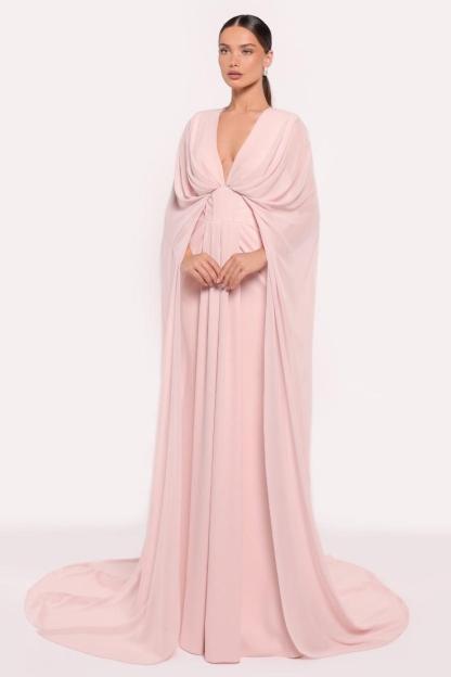 Chiffon Pleated V-Neck Cape Sleeve Maxi Dress