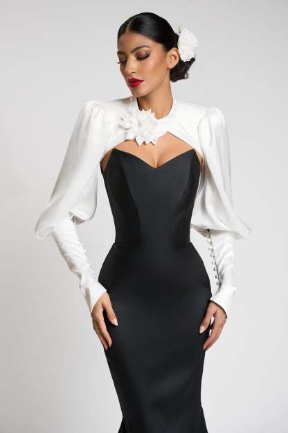 Satin Contrast Color Off-Shoulder 3D Flower Maxi Dress