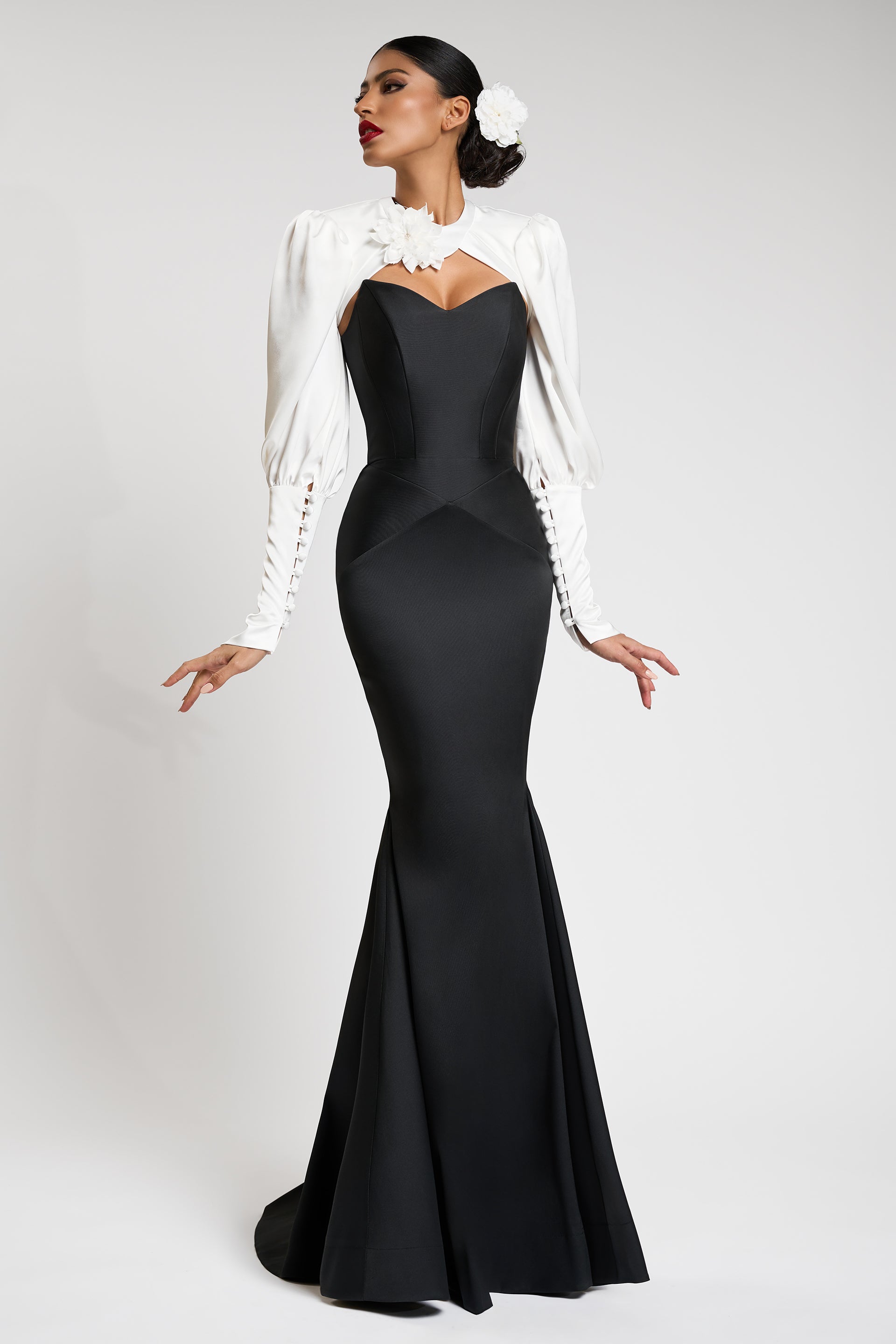 Satin Contrast Color Off-Shoulder 3D Flower Maxi Dress