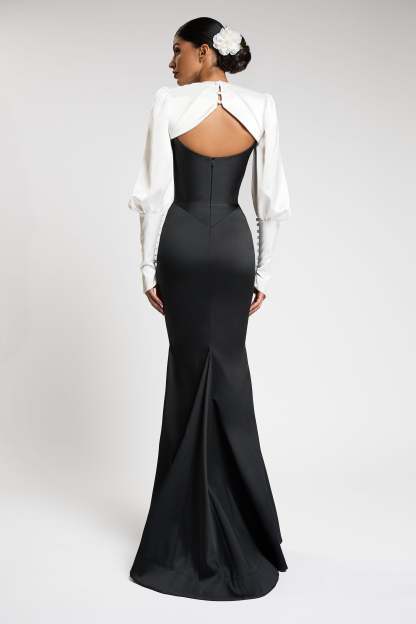 Satin Contrast Color Off-Shoulder 3D Flower Maxi Dress