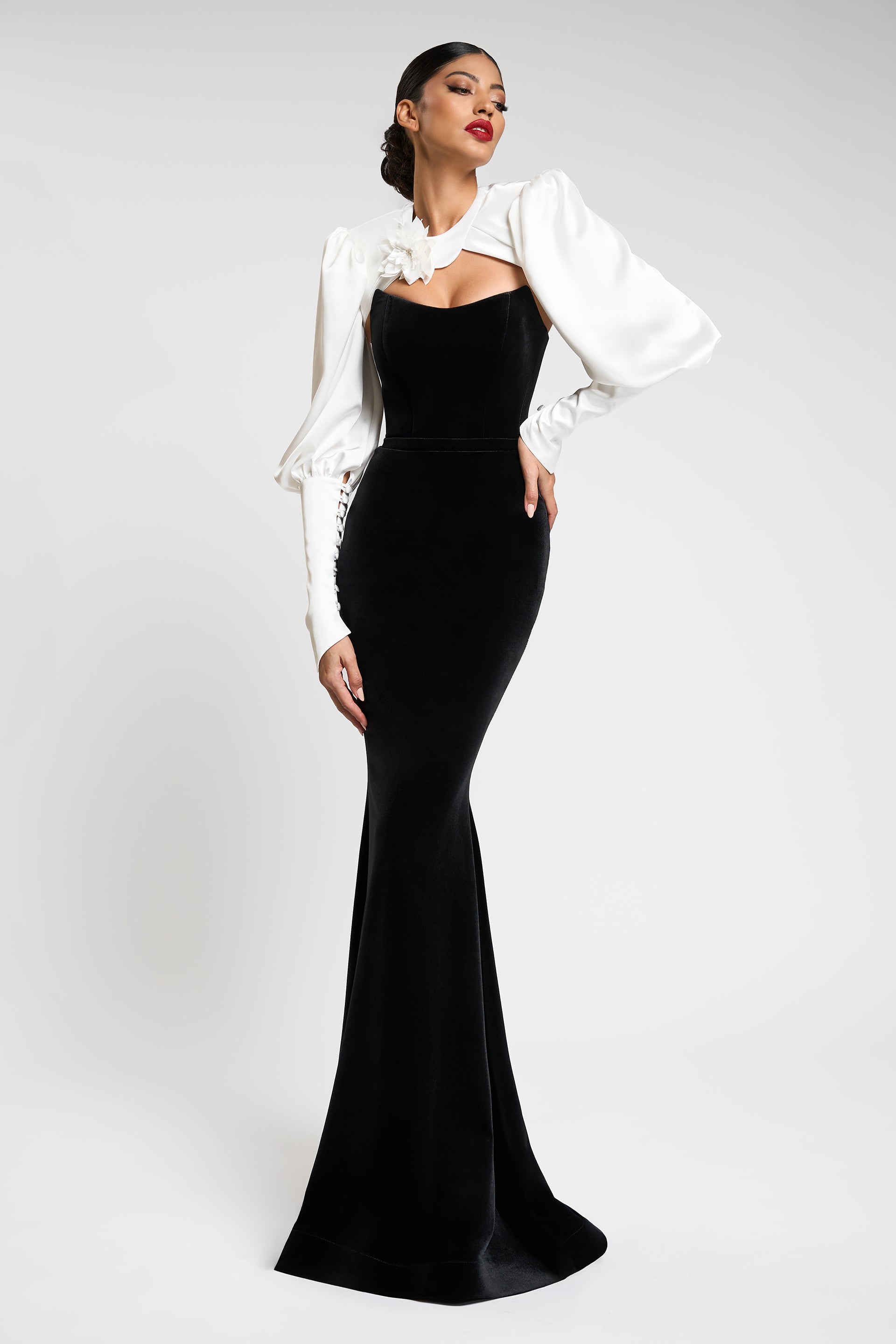 Satin Contrast Color Off-Shoulder 3D Flower Maxi Dress