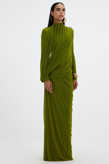 Mesh Gathering Long Sleeve Maxi Dress