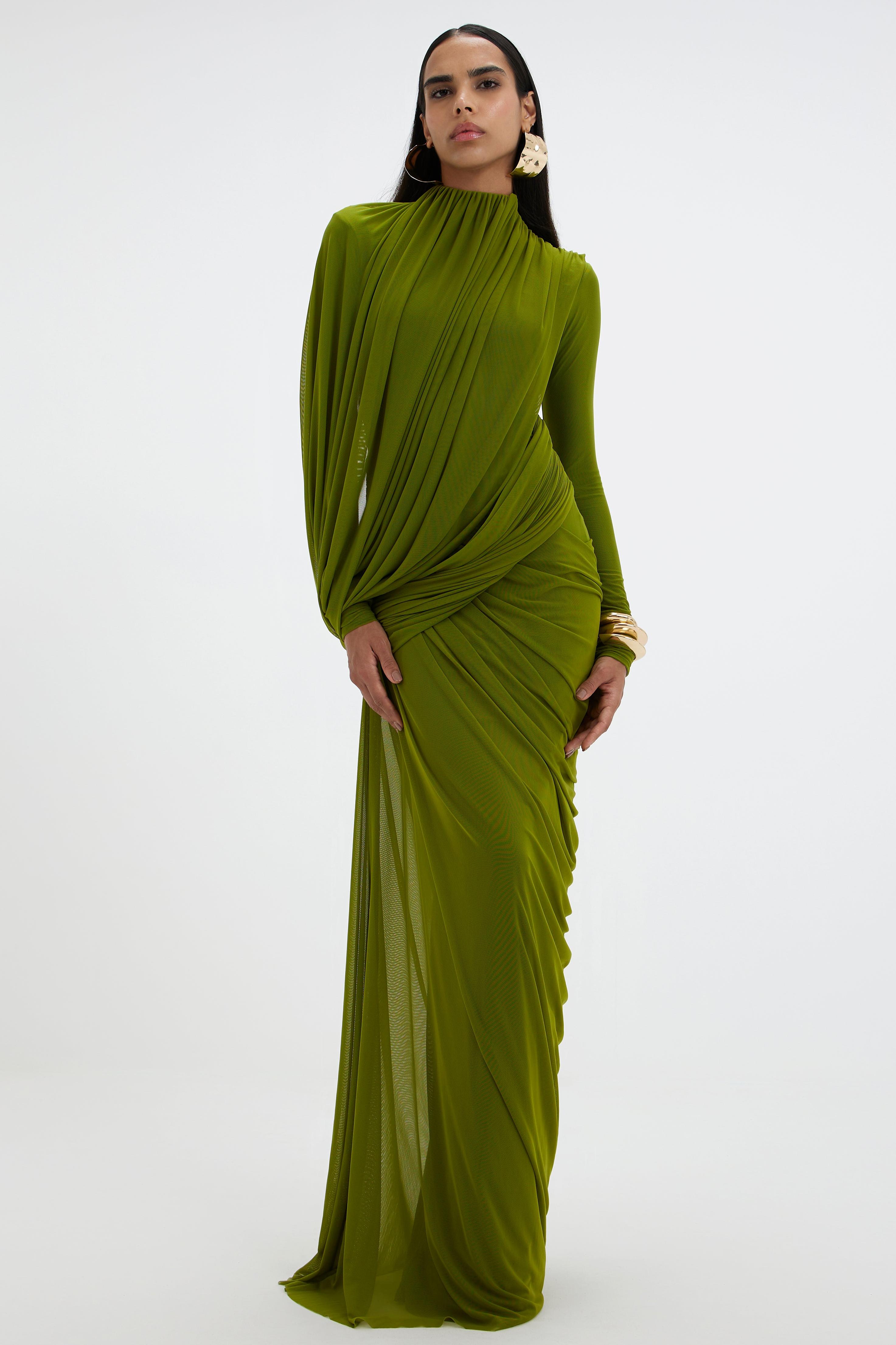 Mesh Gathering Long Sleeve Maxi Dress