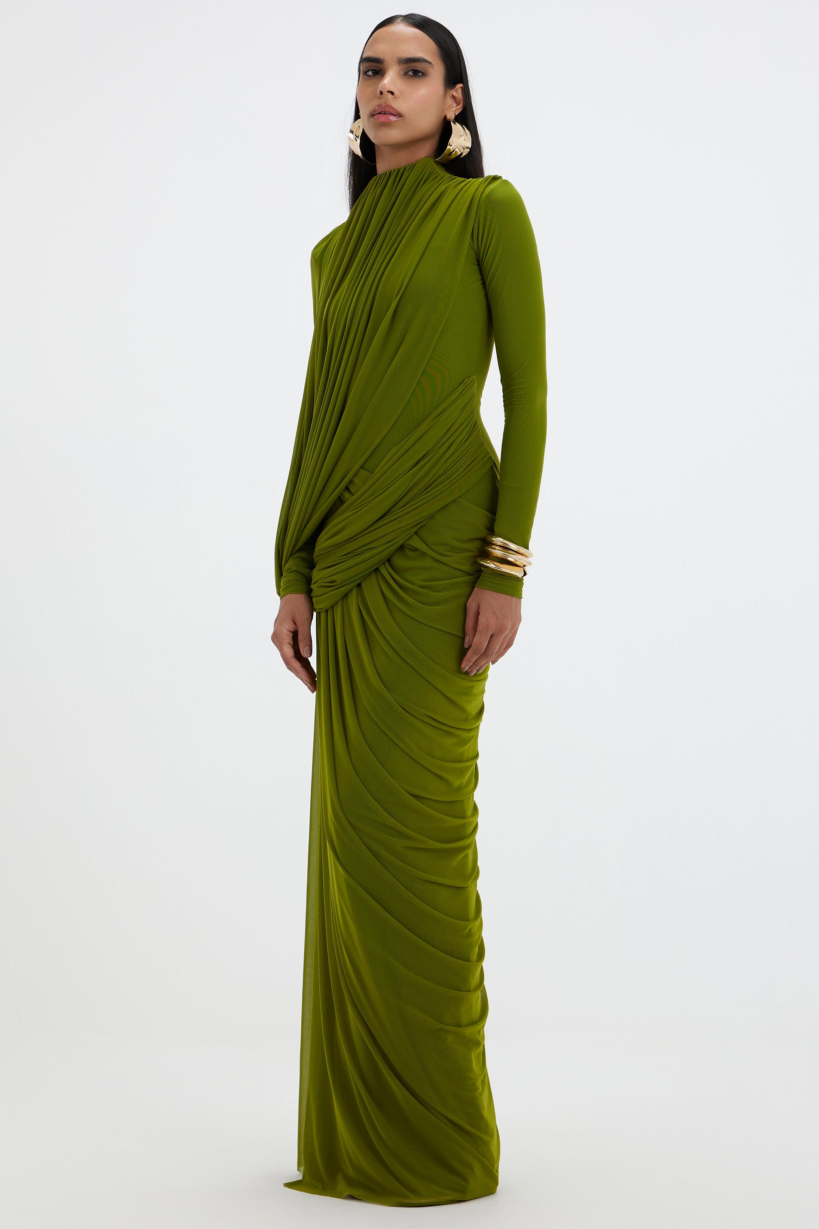 Mesh Gathering Long Sleeve Maxi Dress