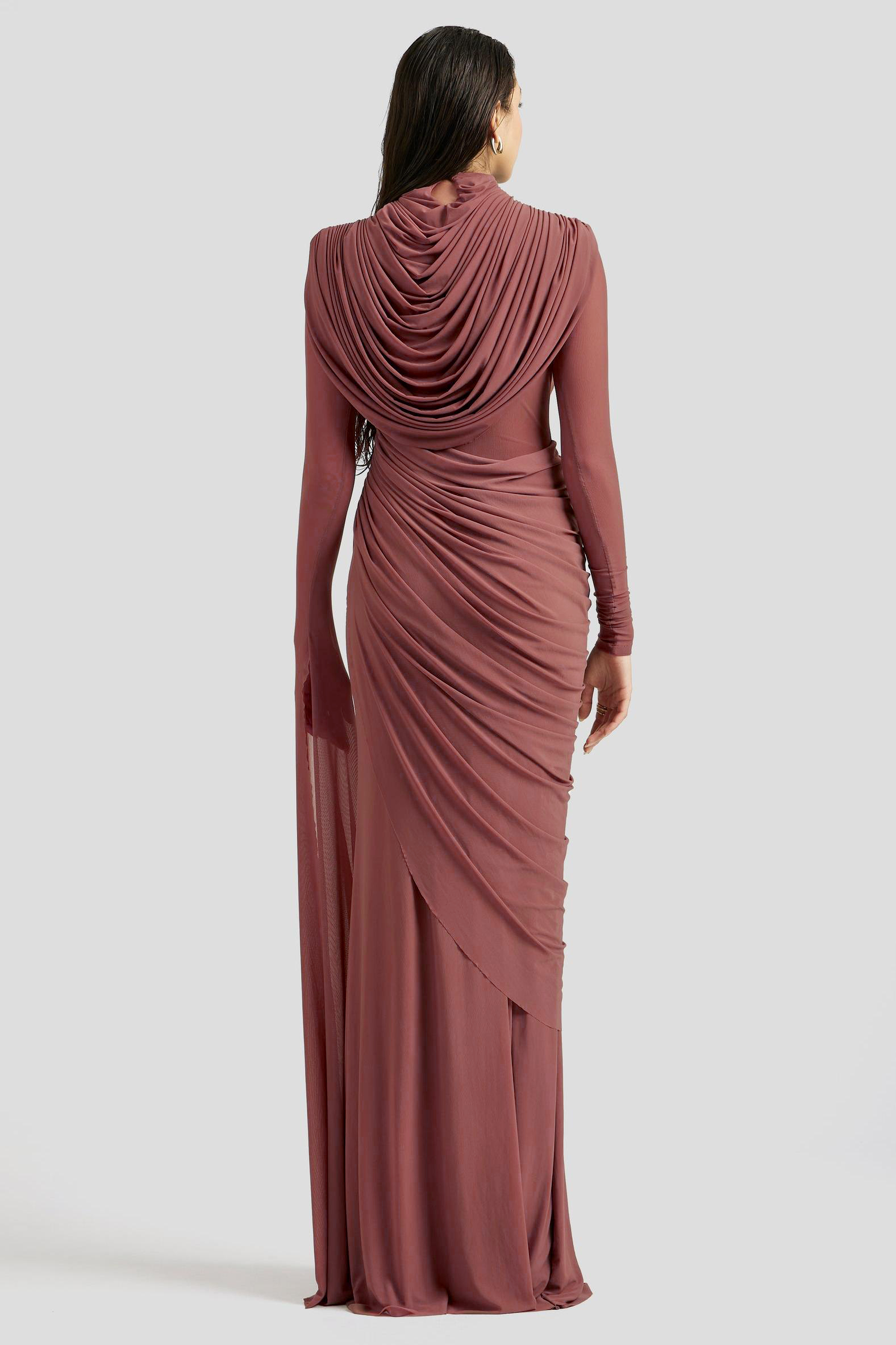 Mesh Gathering Asymmetrical Sleeve Maxi Dress