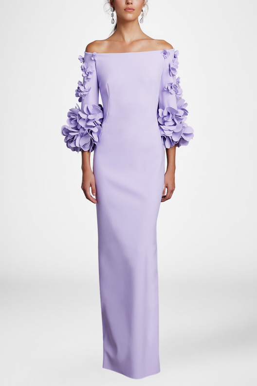 Solid 3D Flower One-Shoulder Maxi Dress