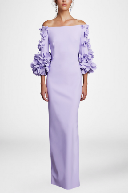 Solid 3D Flower One-Shoulder Maxi Dress