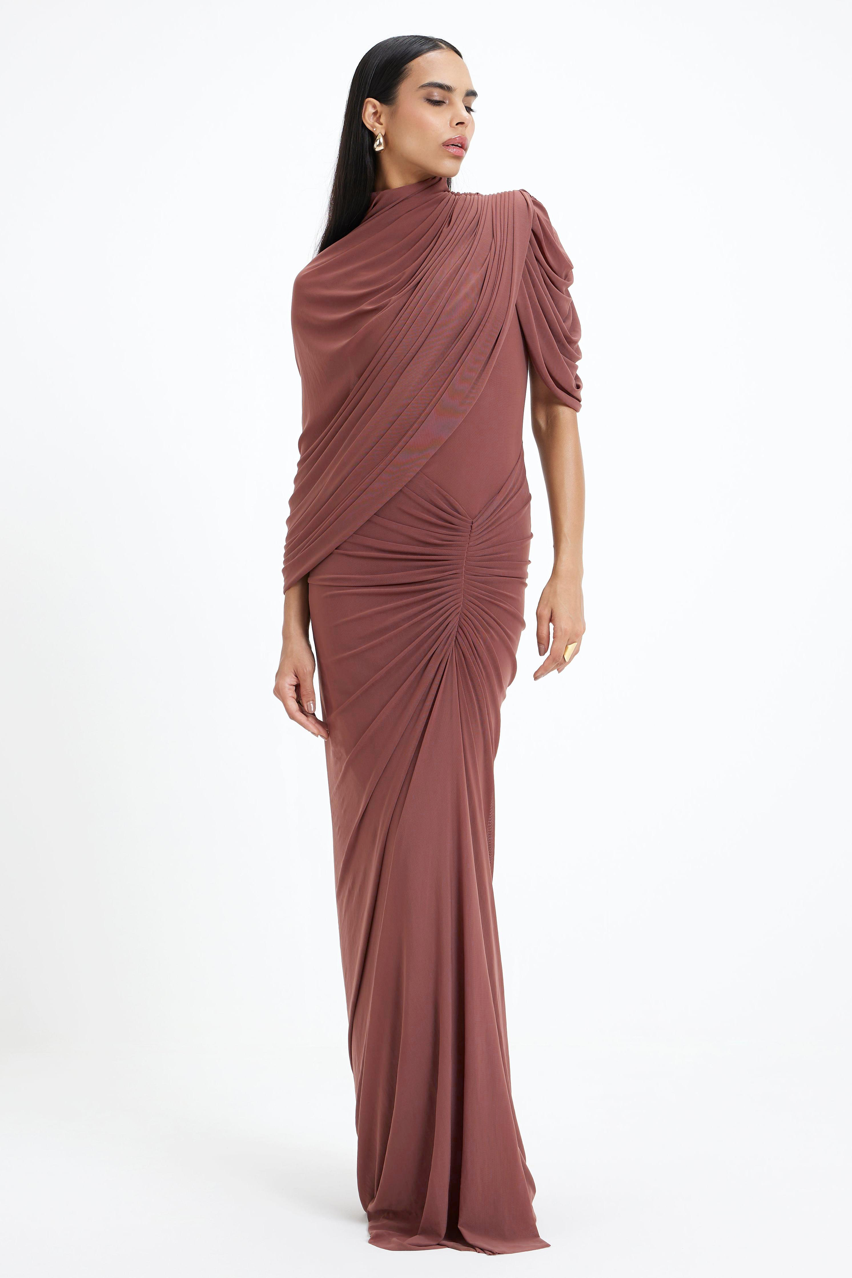 Ruched Asymmetrical High Neck Maxi Dress