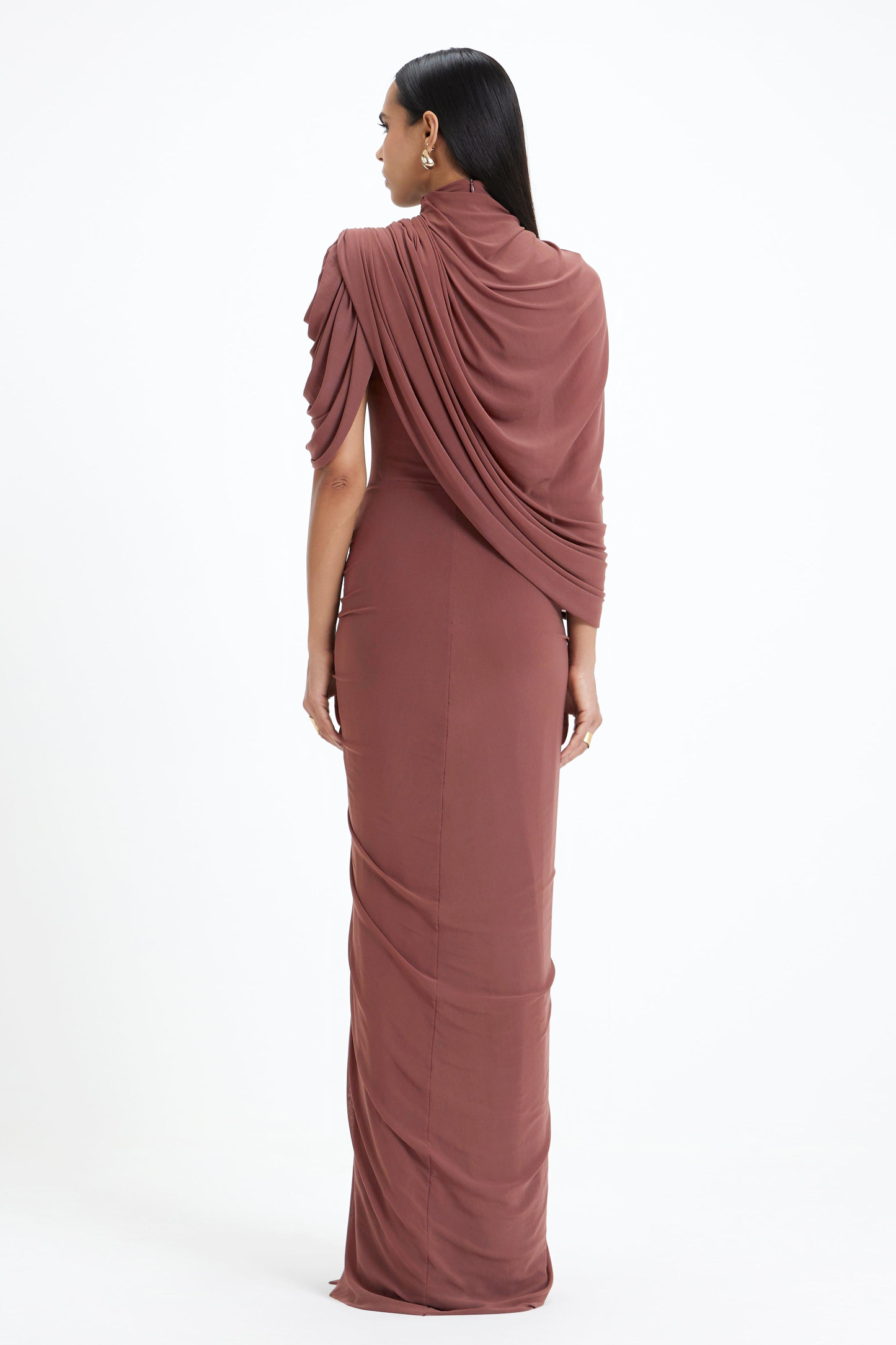 Ruched Asymmetrical High Neck Maxi Dress