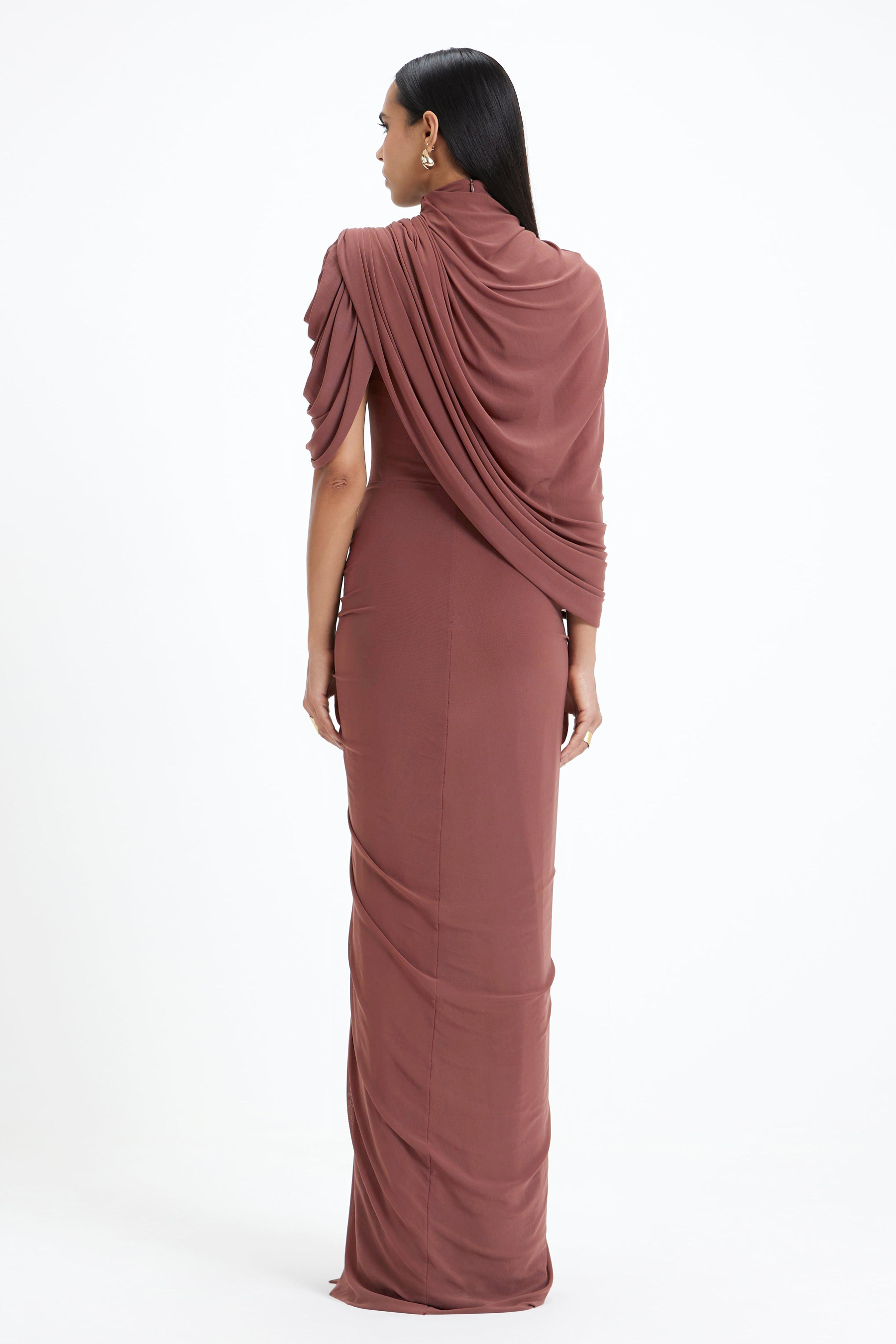 Ruched Asymmetrical High Neck Maxi Dress