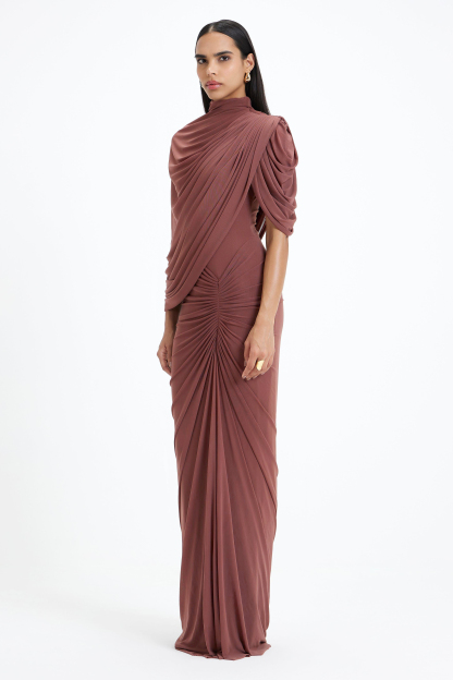 Ruched Asymmetrical High Neck Maxi Dress