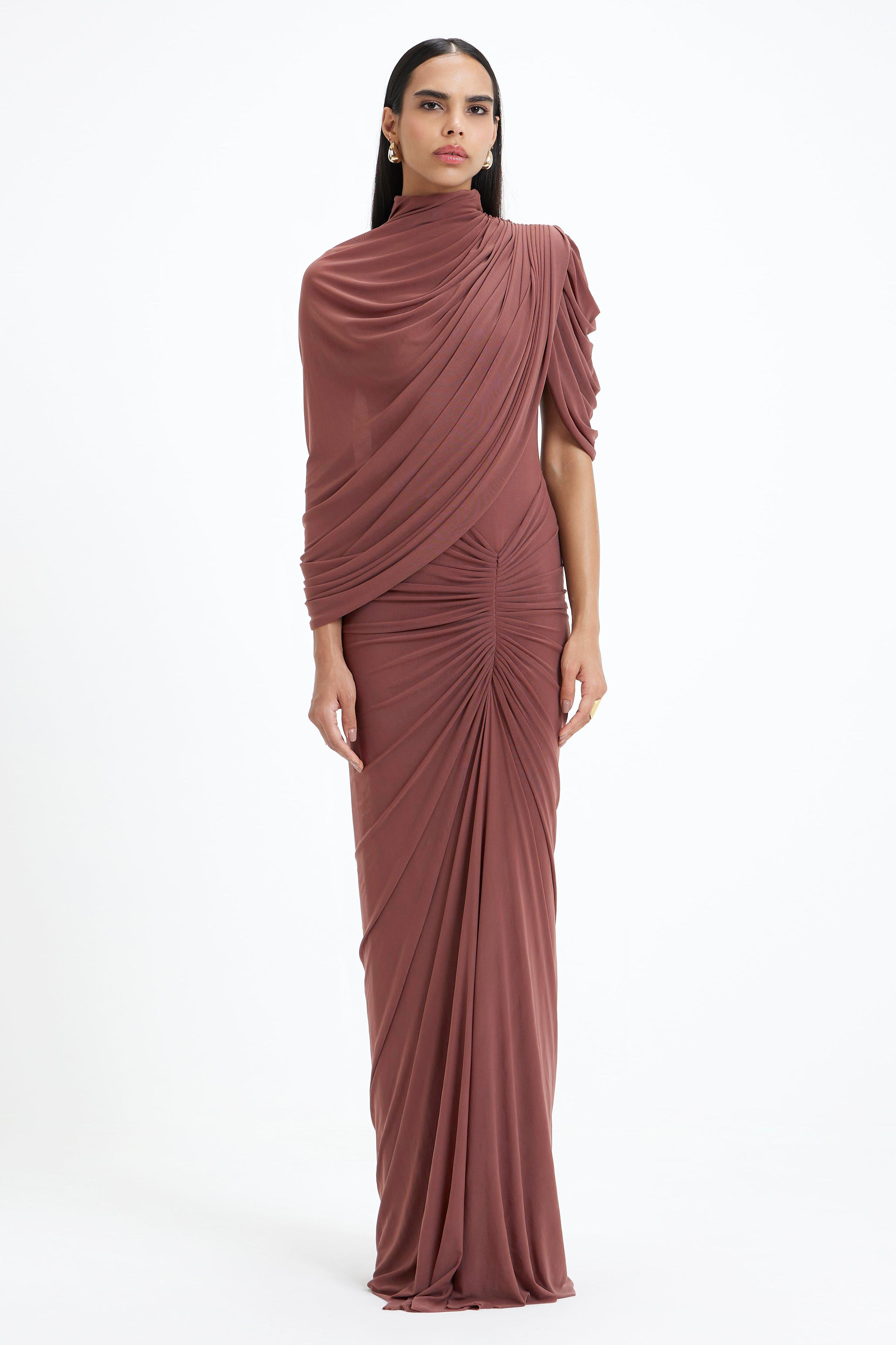 Ruched Asymmetrical High Neck Maxi Dress