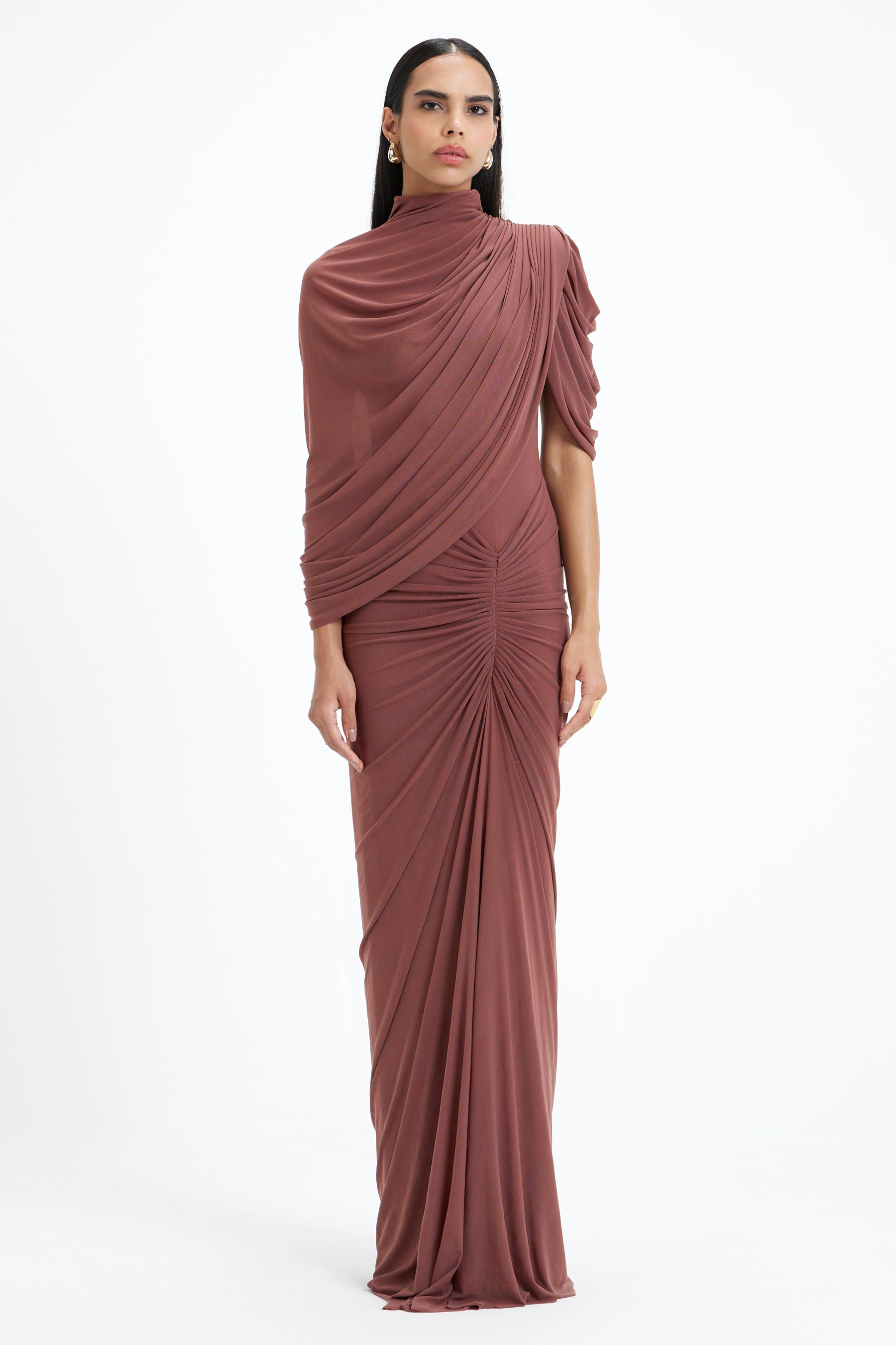 Ruched Asymmetrical High Neck Maxi Dress