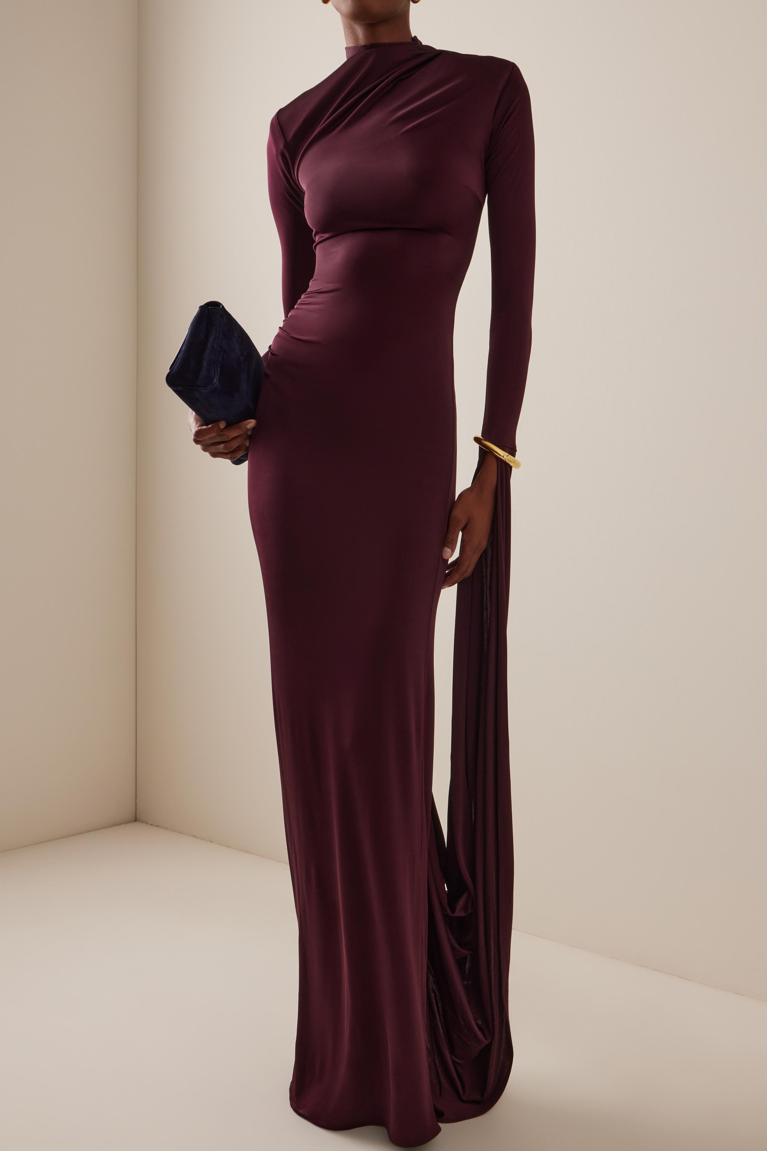 Jersey Solid Asymmetrical Sleeve Maxi Dress