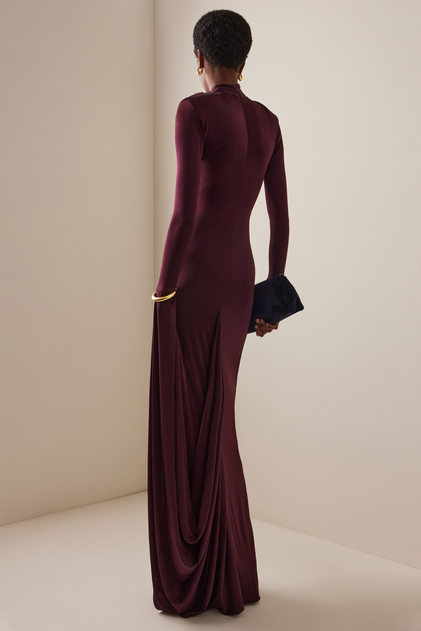 Jersey Solid Asymmetrical Sleeve Maxi Dress