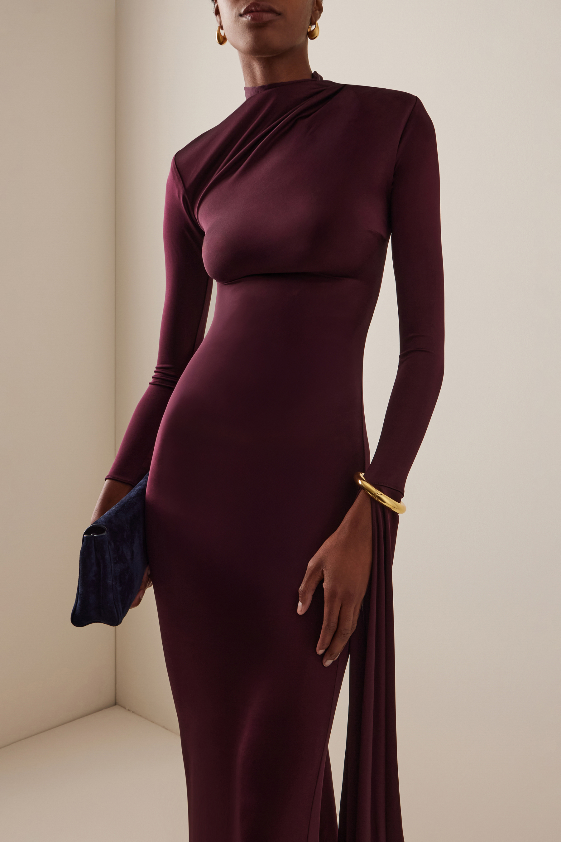 Jersey Solid Asymmetrical Sleeve Maxi Dress